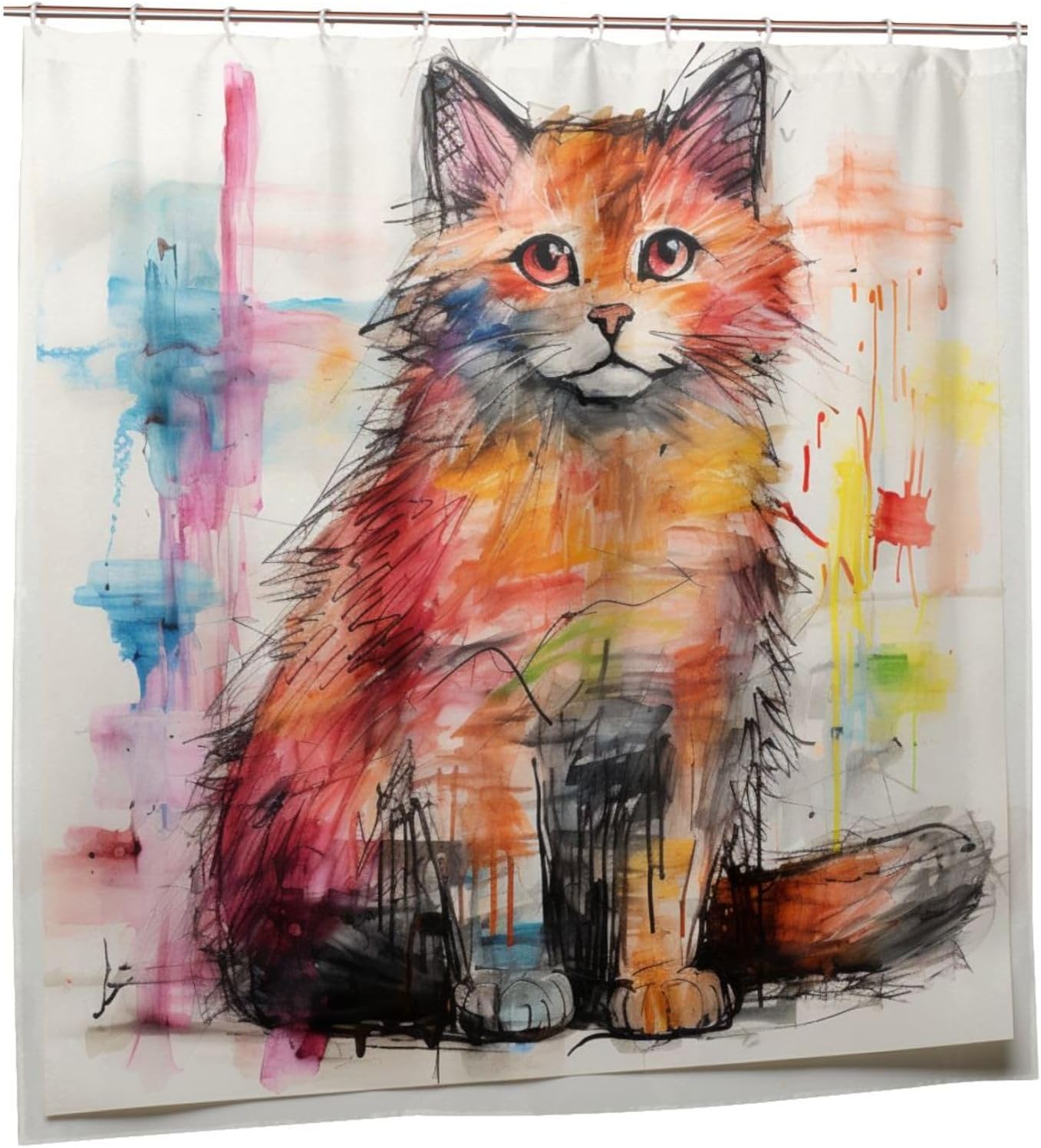 Cute Cat Shower Curtain Set with 12 Hooks 72x72in