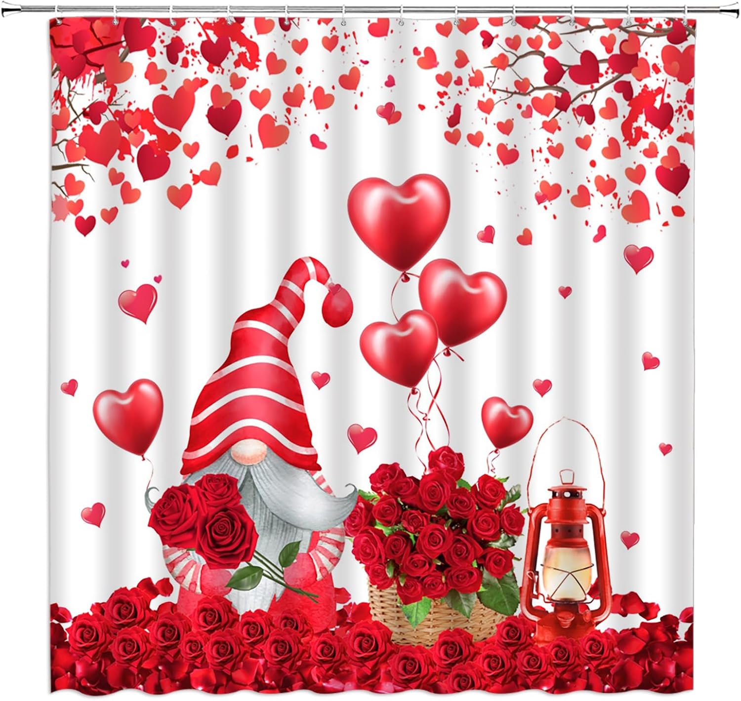 Valentines Day Gnome Shower Curtain Red Pink Roses