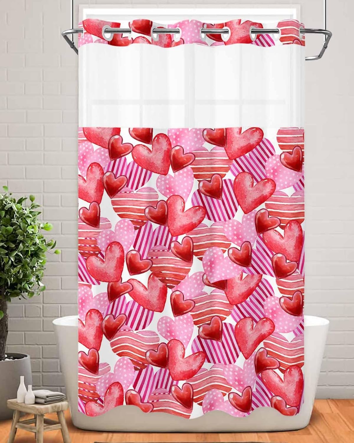 No-Hook Pink Red Valentines Shower Curtain Set