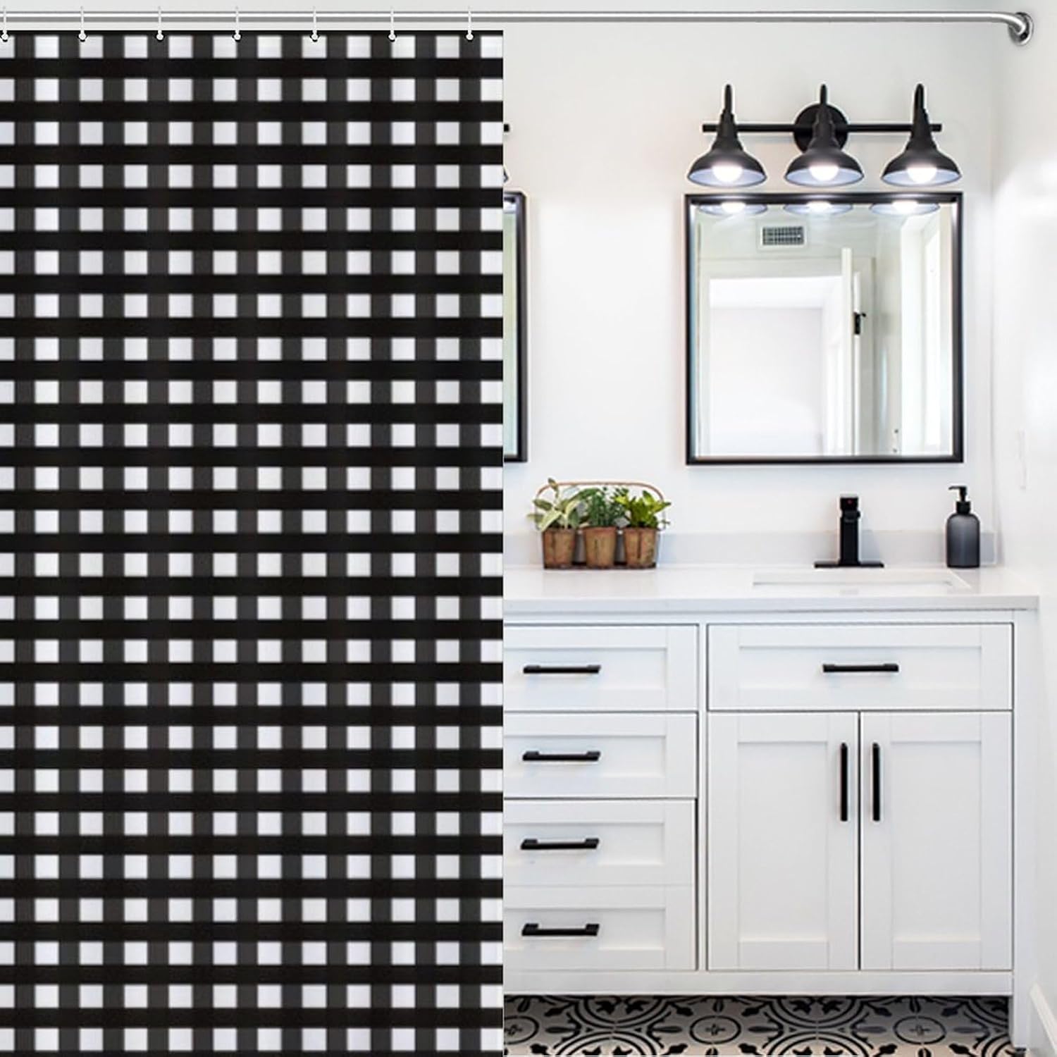 Nosarte Black Gingham Shower Curtain Set with 12 Hooks