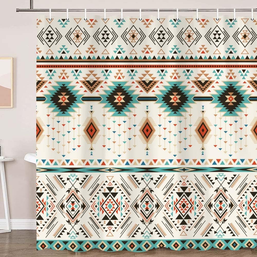 Bzhilja Aztec Triangular Bathroom Curtain Set - Boho Geometric Design for Southwestern Home