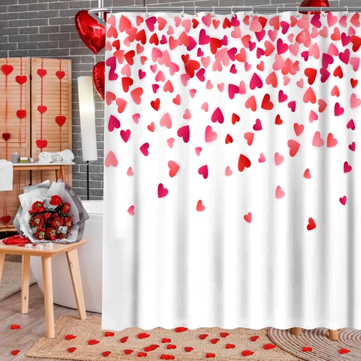Stylish Valentines Day Shower Curtain with Falling Red Hearts for Your Bathroom