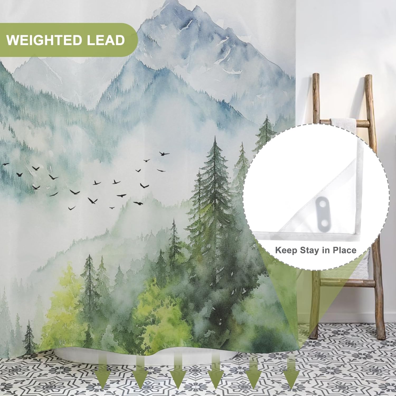 AWERT Misty Forest No Hook Shower Curtain with Liner
