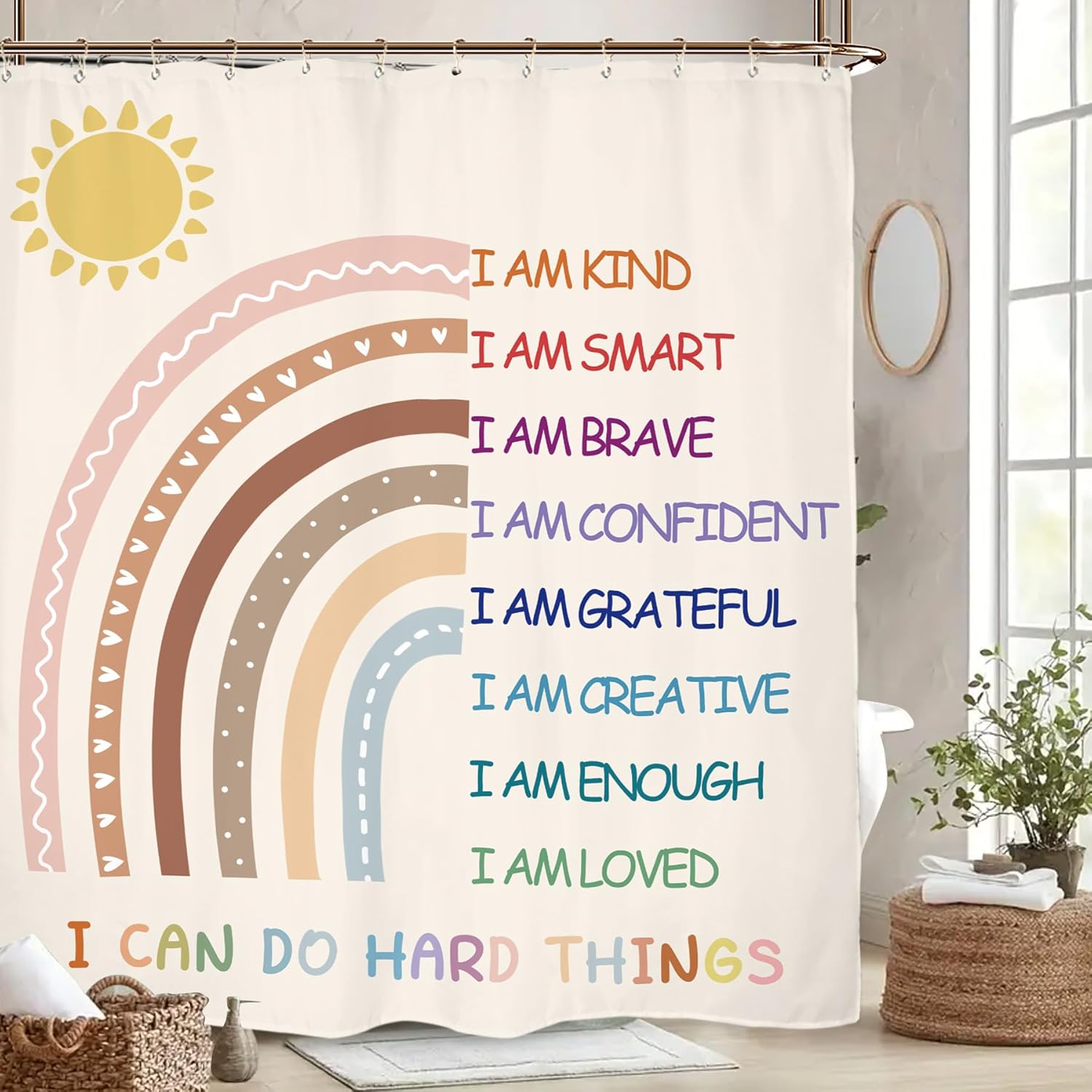 Miyotaa Rainbow Girls Bathroom Shower Curtain Set Pastel Inspirational Quotes