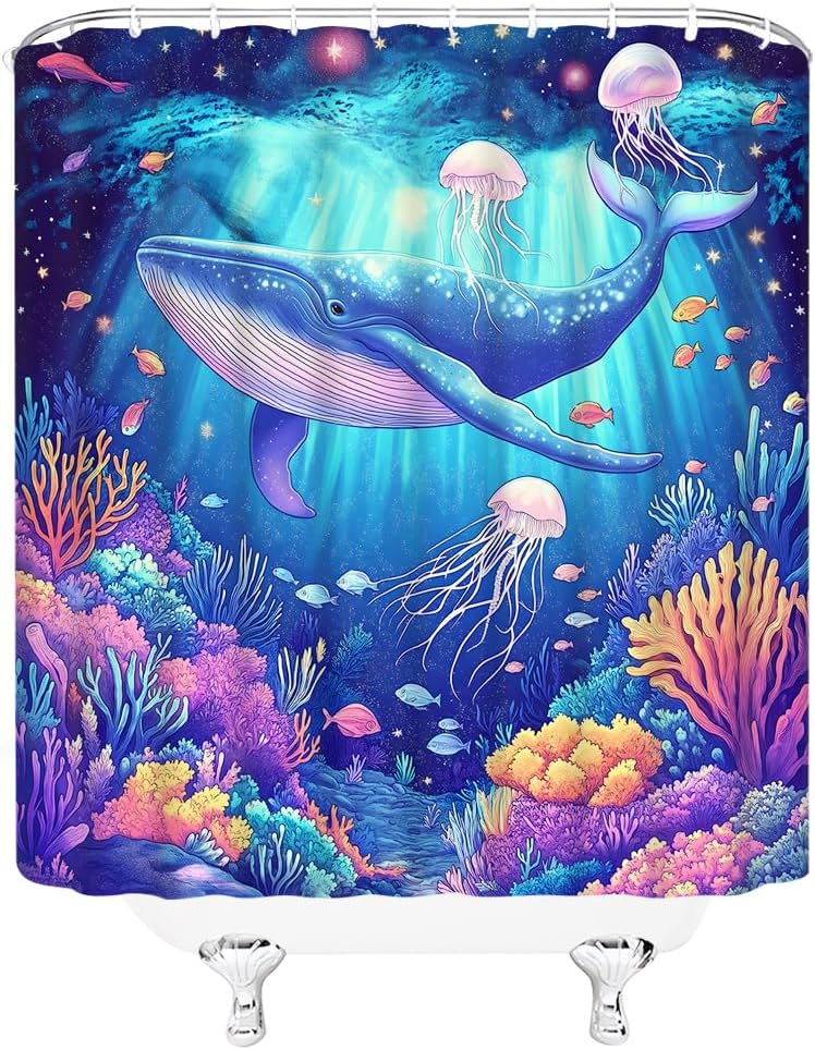 Fantasty Whale Bath Curtains Tropical Blue Ocean