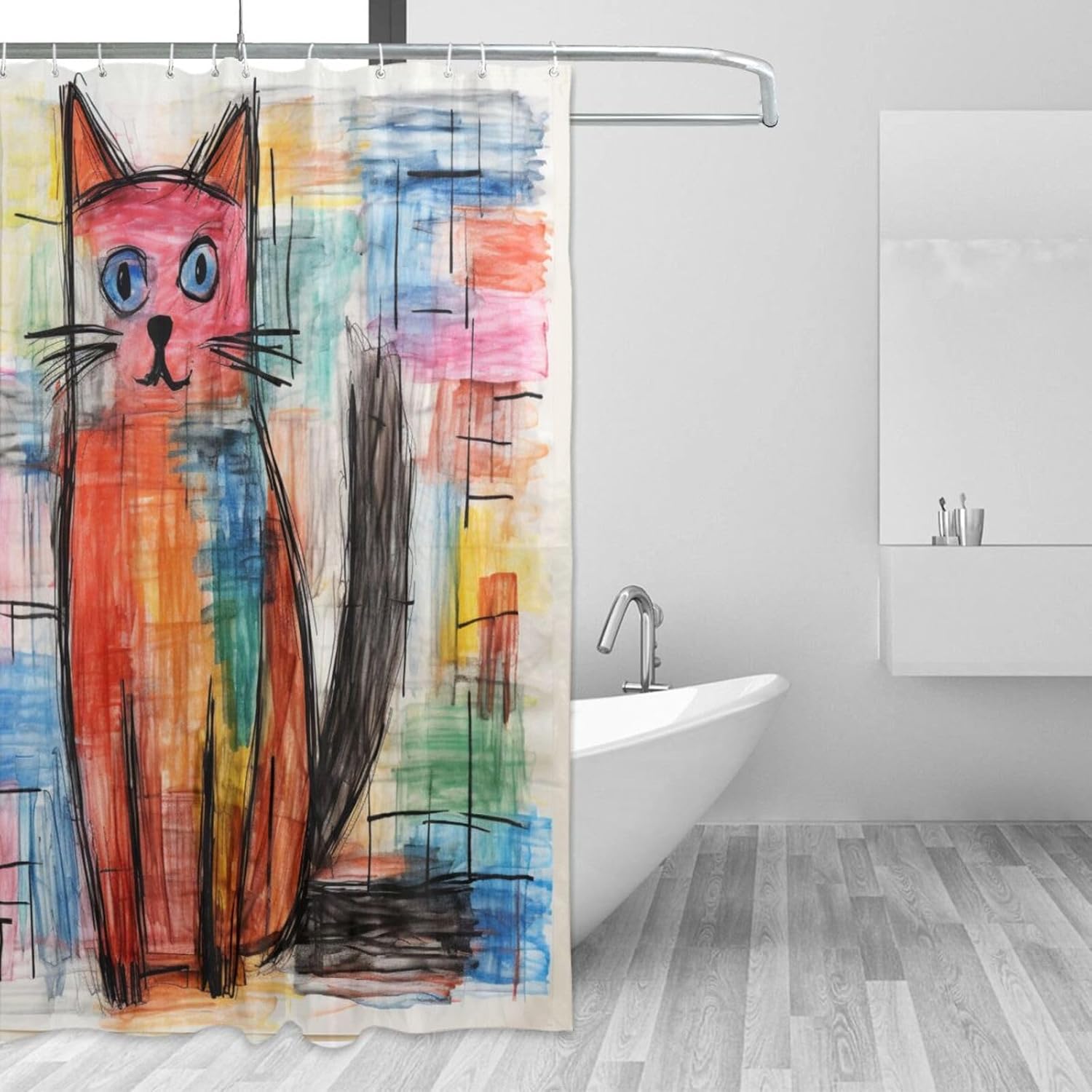 DAOWANGZUO Cute Cat Boho Drawing Shower Curtain Set