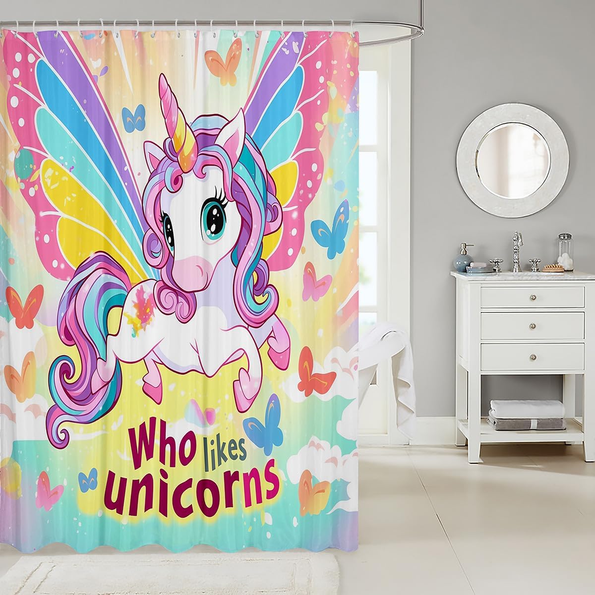 Erosebirdal Rainbow Unicorn Bath Curtain for Kids