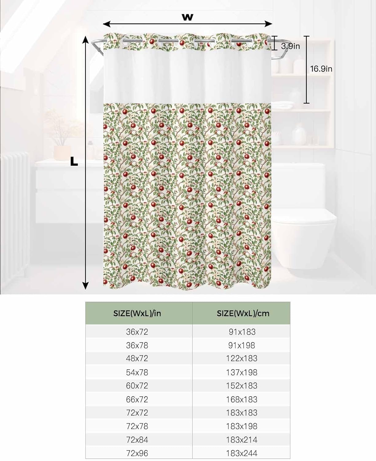 Art Deco Hotel Style Green Fruit No Hooks Shower Curtain Set 60x72