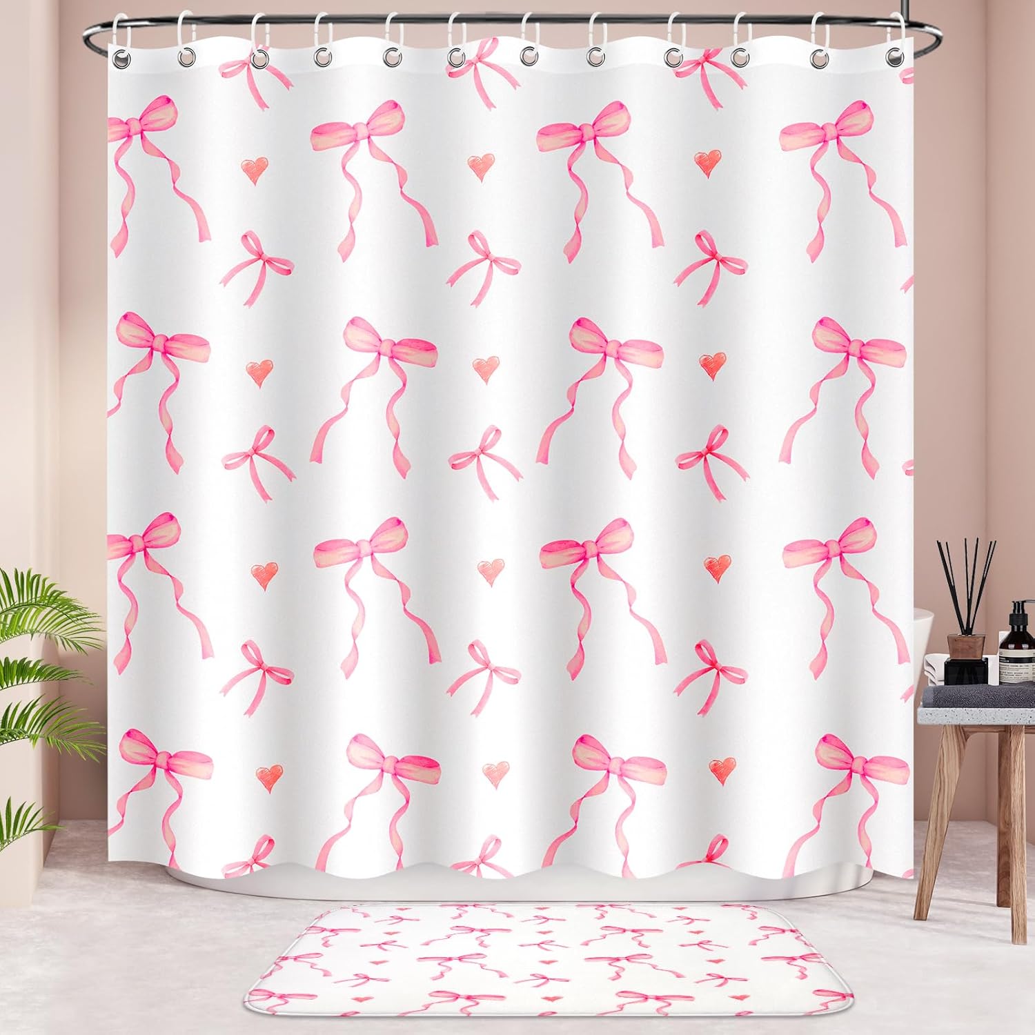 4Pcs Pink Bow Shower Curtain Set with 12 Hooks