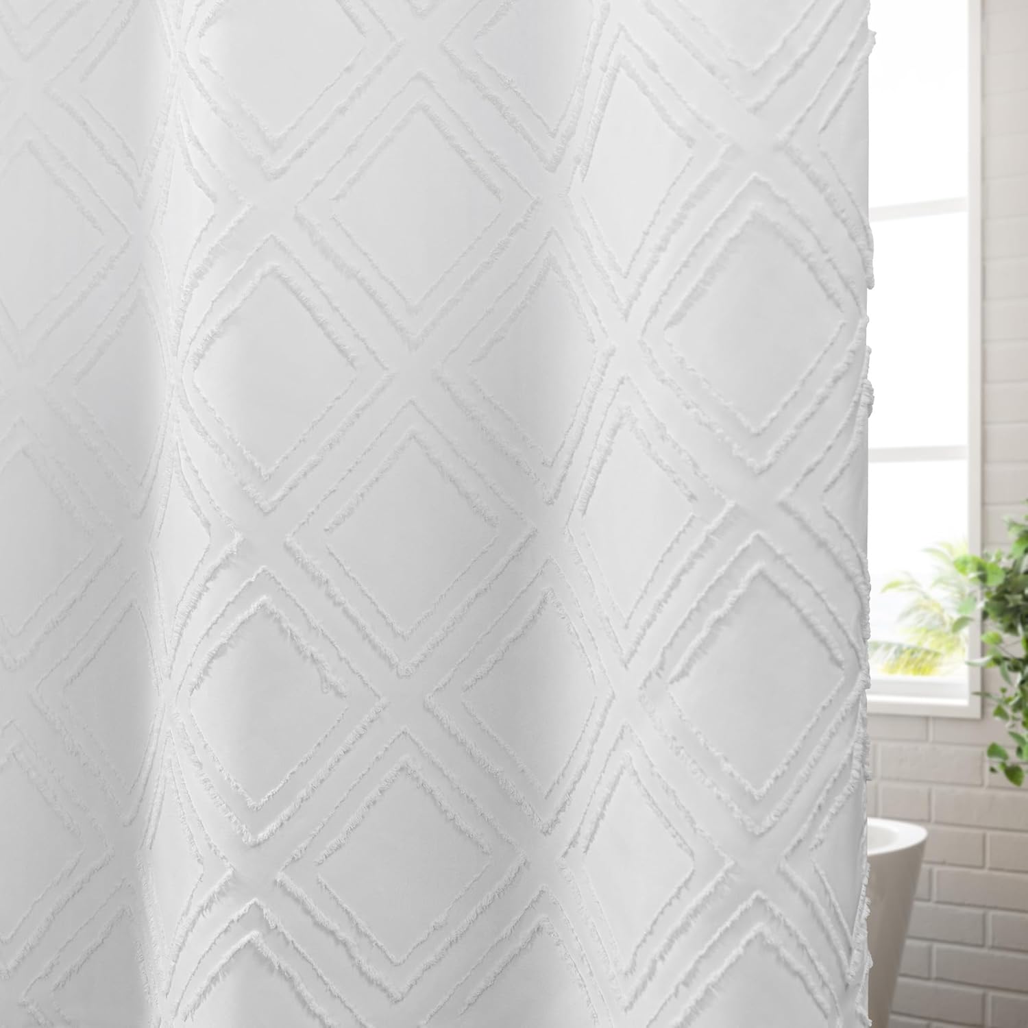 ROSERY No Hook Shower Curtain Set with Boho Farmhouse Jacquard Tufted Geometric Striped