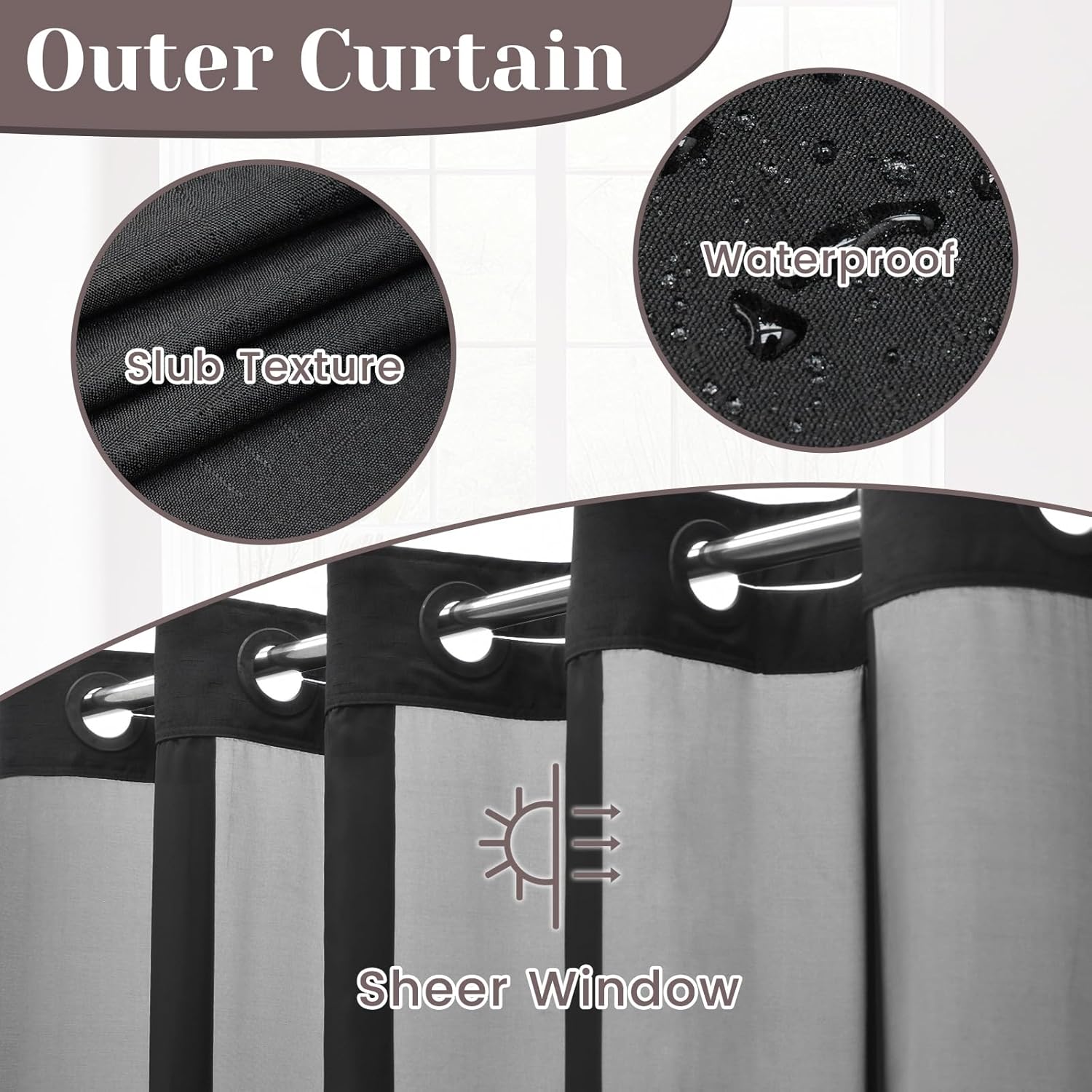 No Hook Slub Textured Shower Curtain Set - Black Outer Waterproof Inner 71x86 in