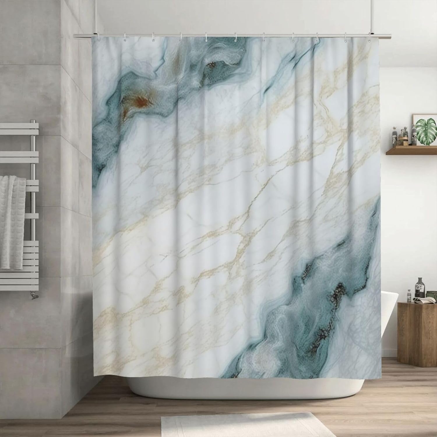 Green White Shower Curtain Boho Design Natural Marble Pattern