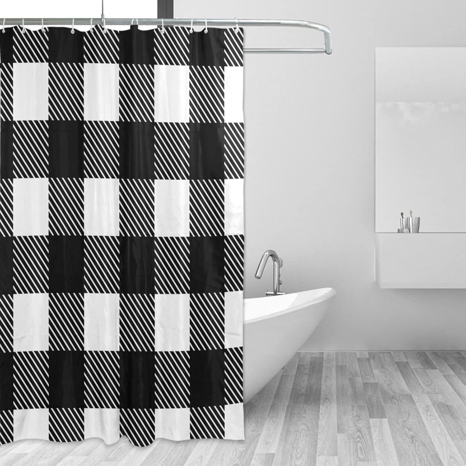 Susiyo - Waterproof Machine Washable Black White Tartan Plaid Bathroom Shower Curtain with Hooks