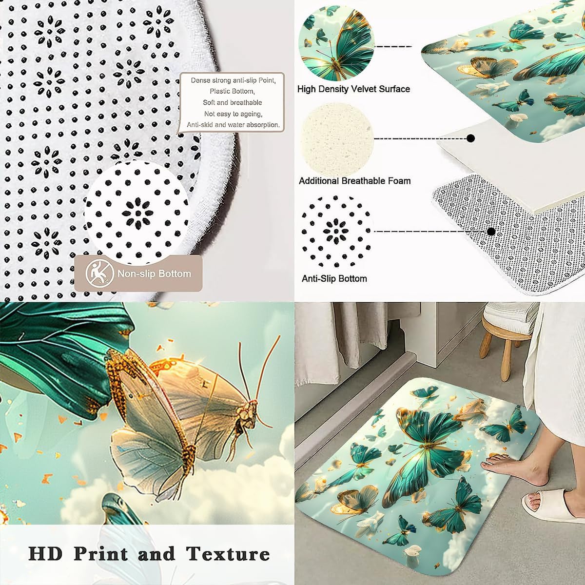 AlexEx 4-Piece Green Butterfly Shower Curtain Set