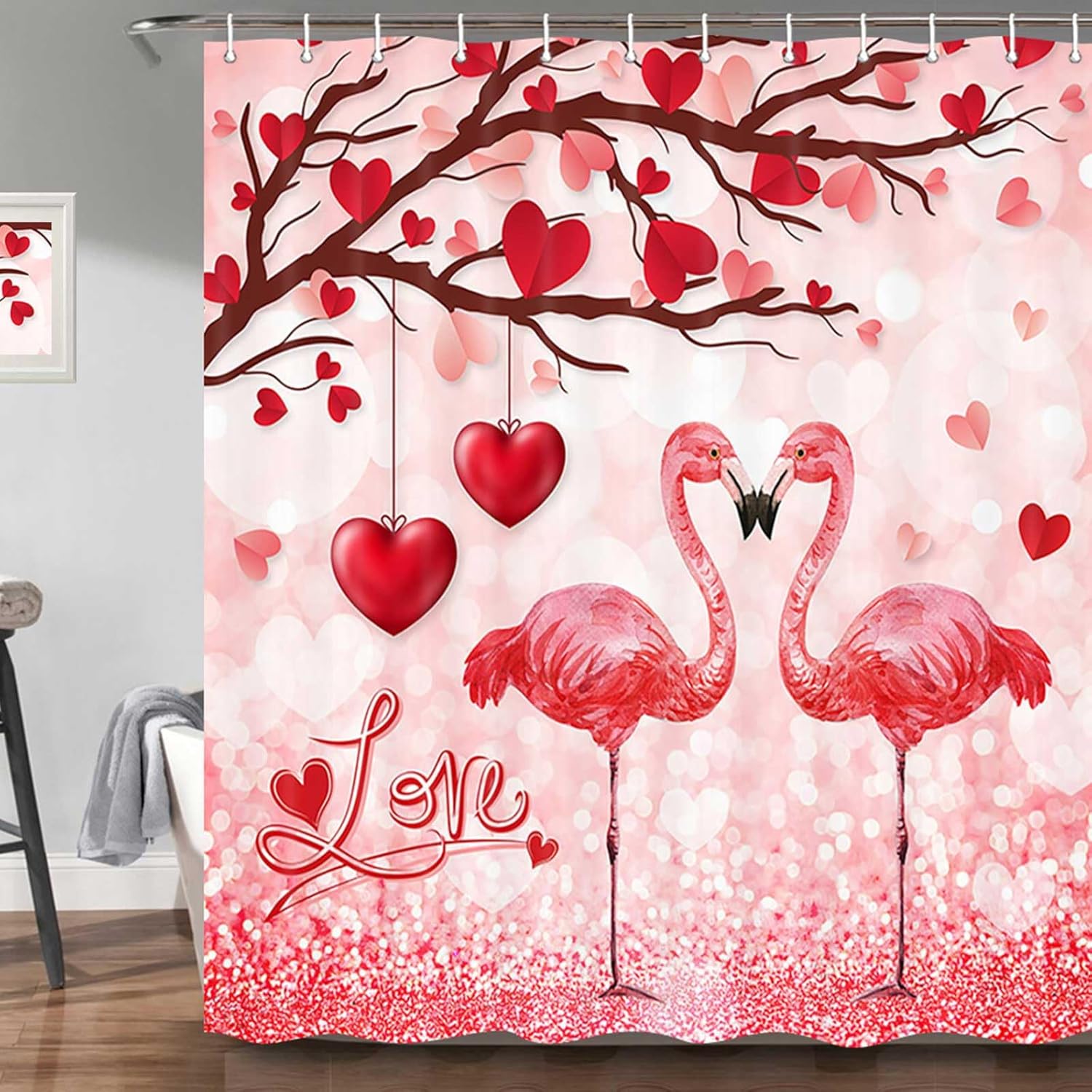 Valentines Party Ready Blue Heart Floral Shower Curtain 72x72-Inch Set