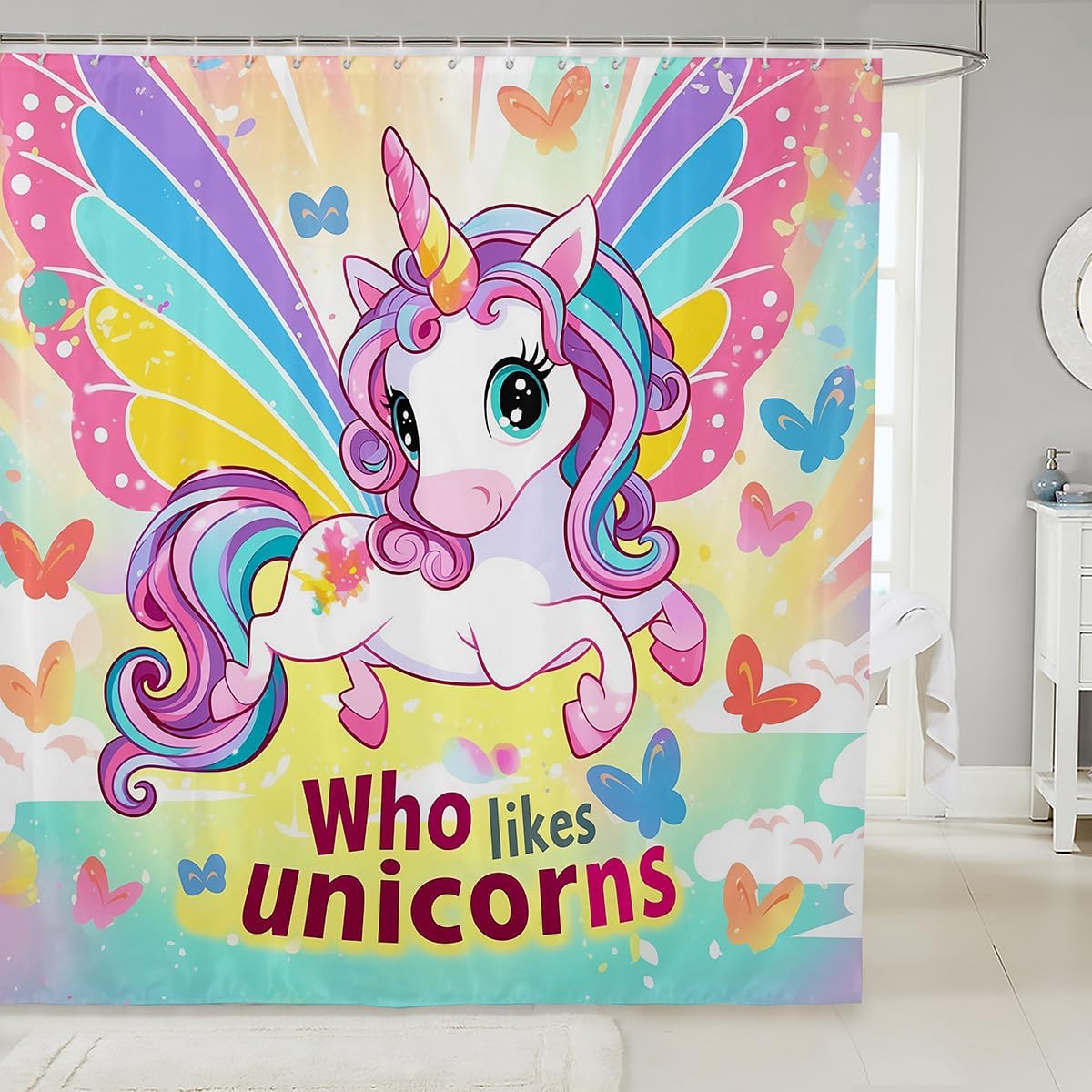 Erosebirdal Rainbow Unicorn Bath Curtain for Kids