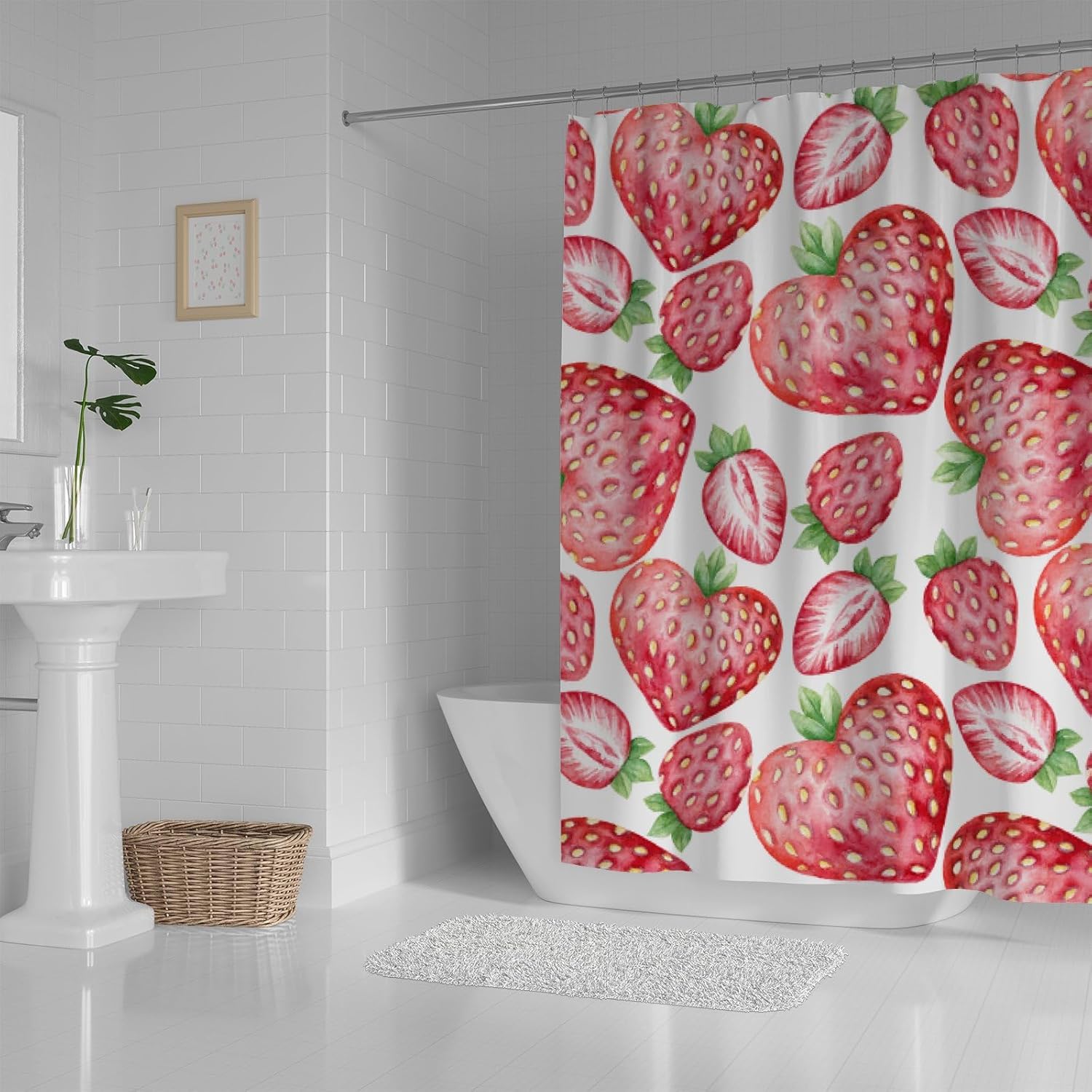 Hapuxt Shower Curtain with 12 Hooks Heart Shaped Strawberries