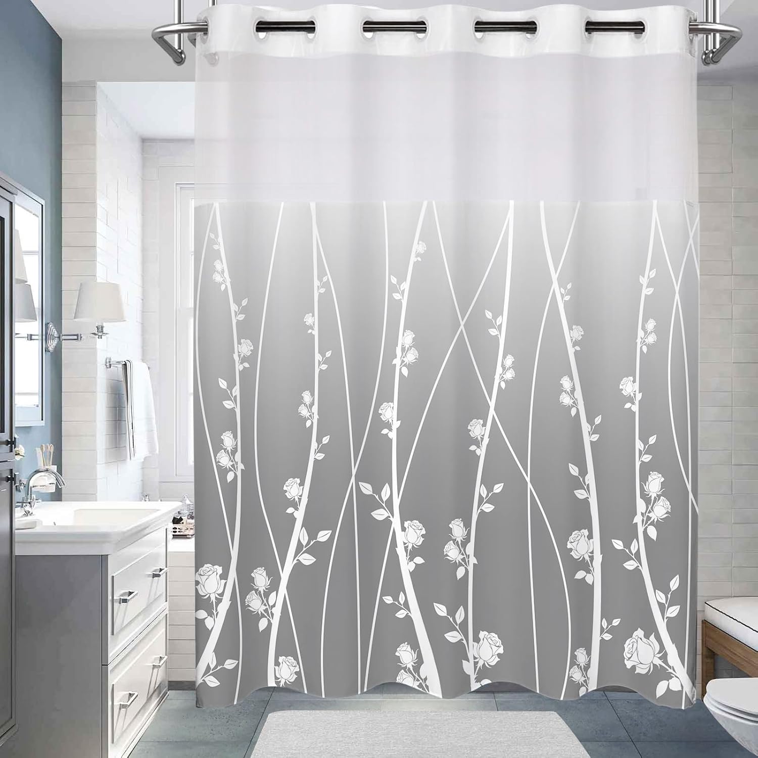 No Hook shower curtain set ombre floral grey fabric 71x74 inches