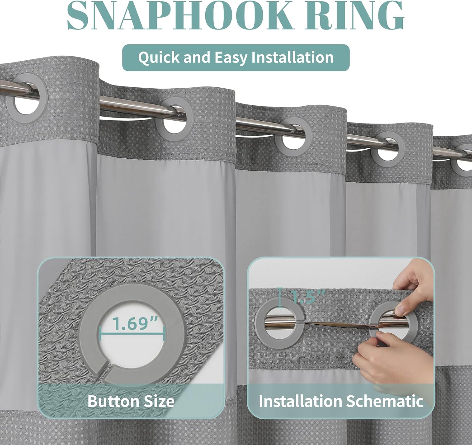 Grey Waffle Weave Shower Curtain Set with Snap-In Liner