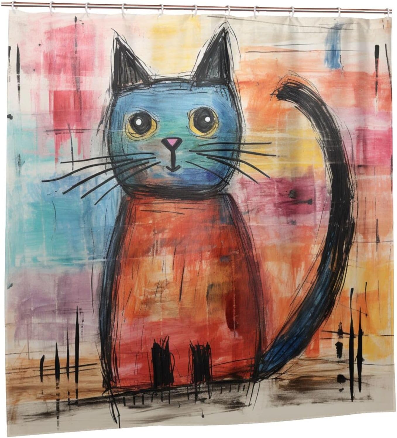 Cute Cat Shower Curtain Set Abstract Boho Design