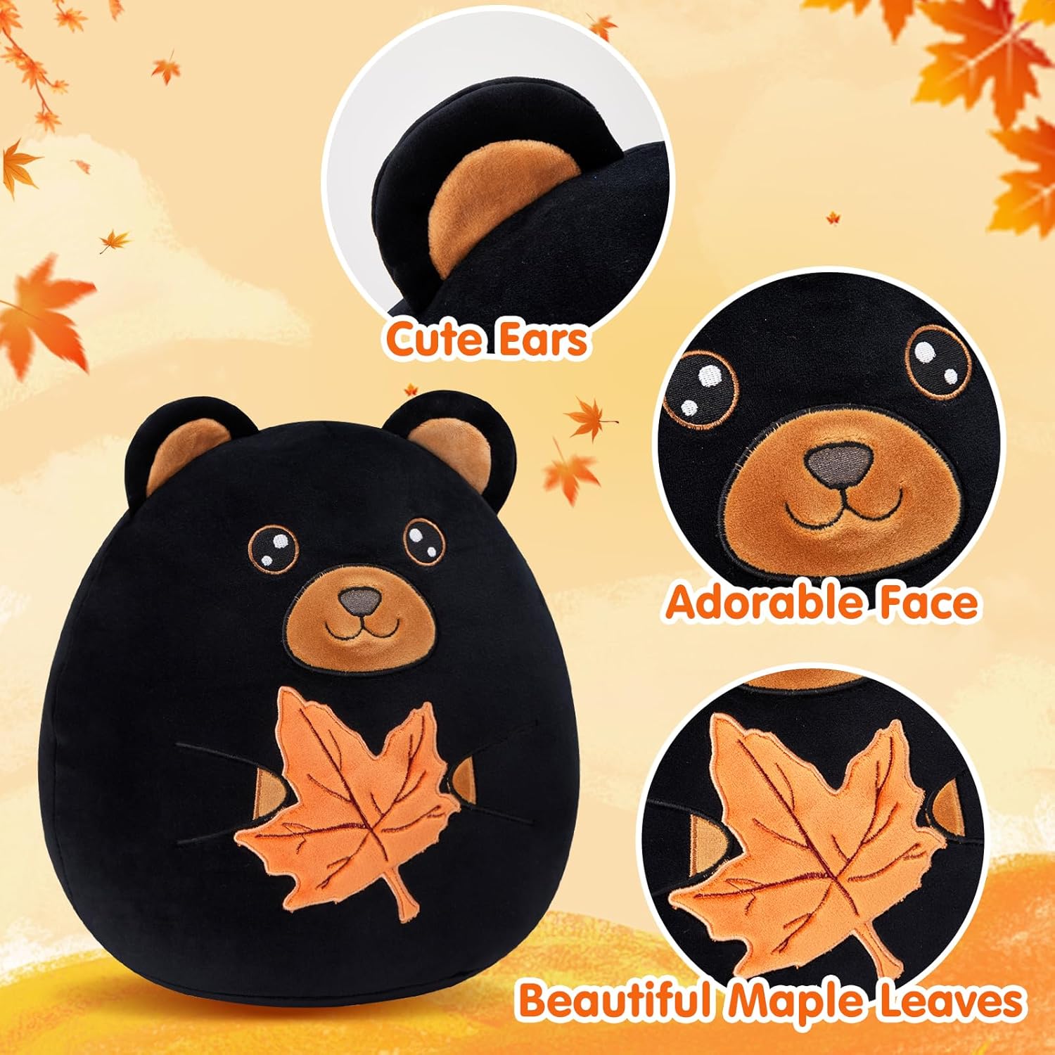 Wewill 12-Inch Black Bear Plush Pillow Cute Bear Holding Maple Leaf