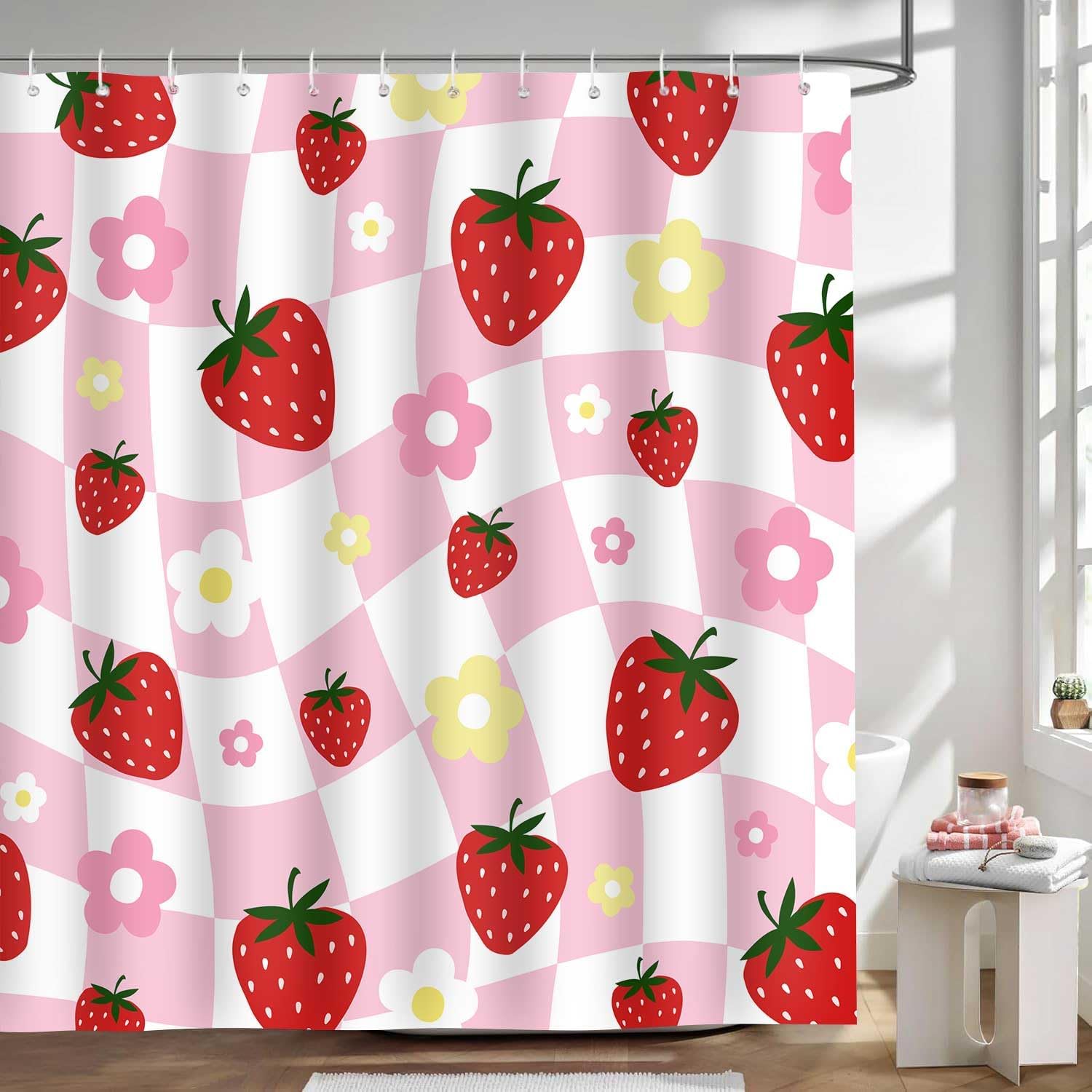 Strawberry Shower Curtain Retro Girly Design for Bathroom Decor