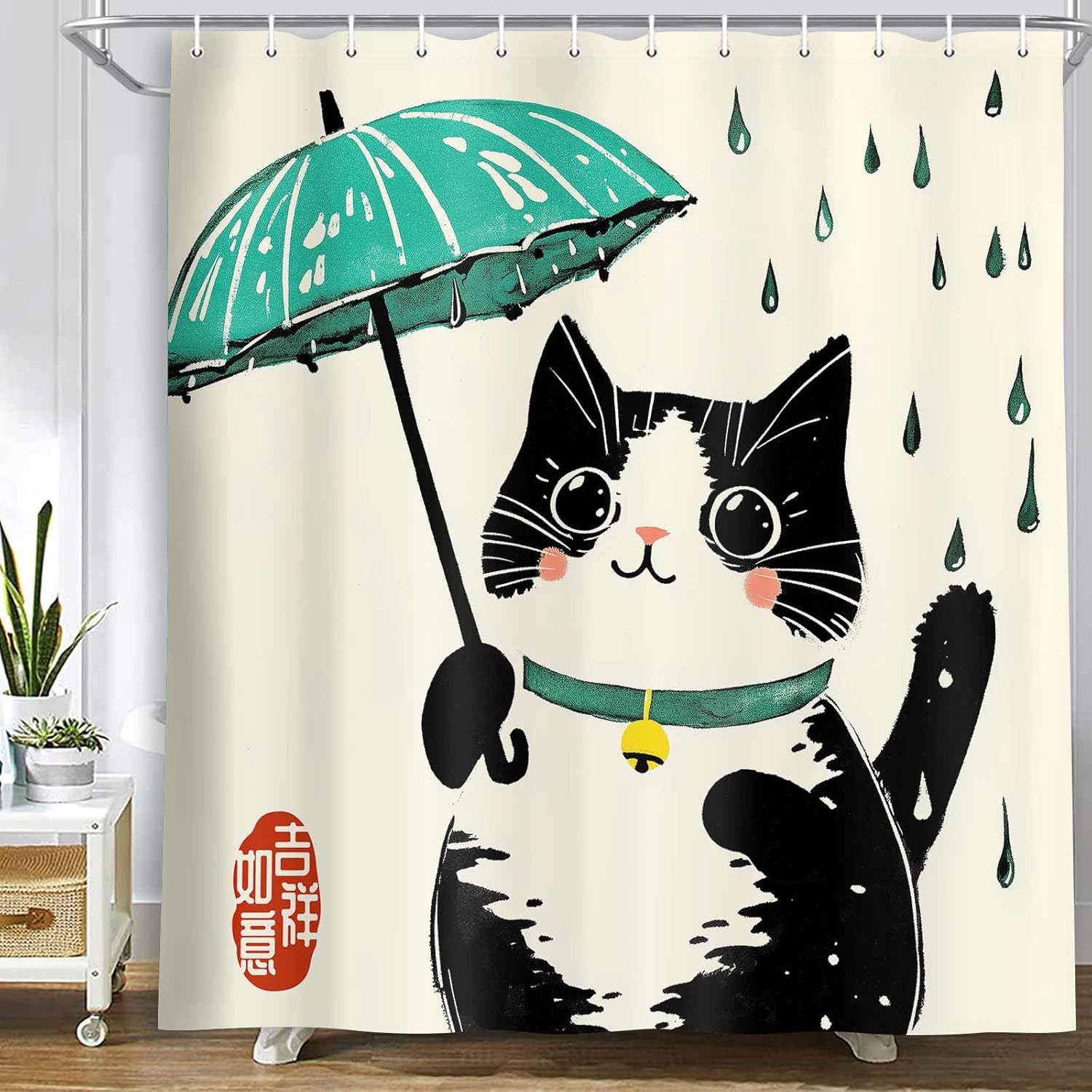 Funny Cat Shower Curtain Japanese Art for Kids Soft Durable
