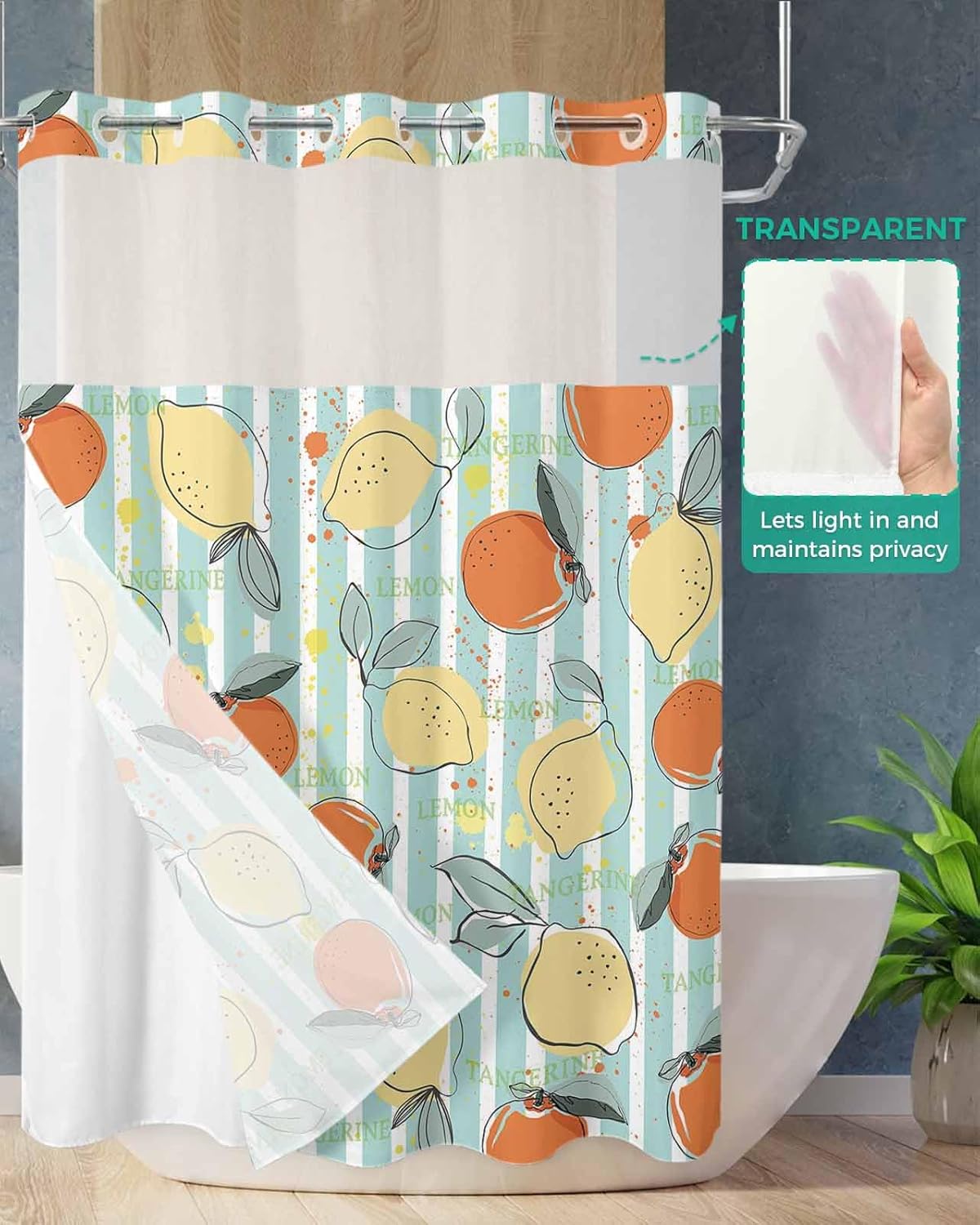 No Hook Summer Lemon Teal Orange Shower Curtain Set Waterproof Swap-in Design