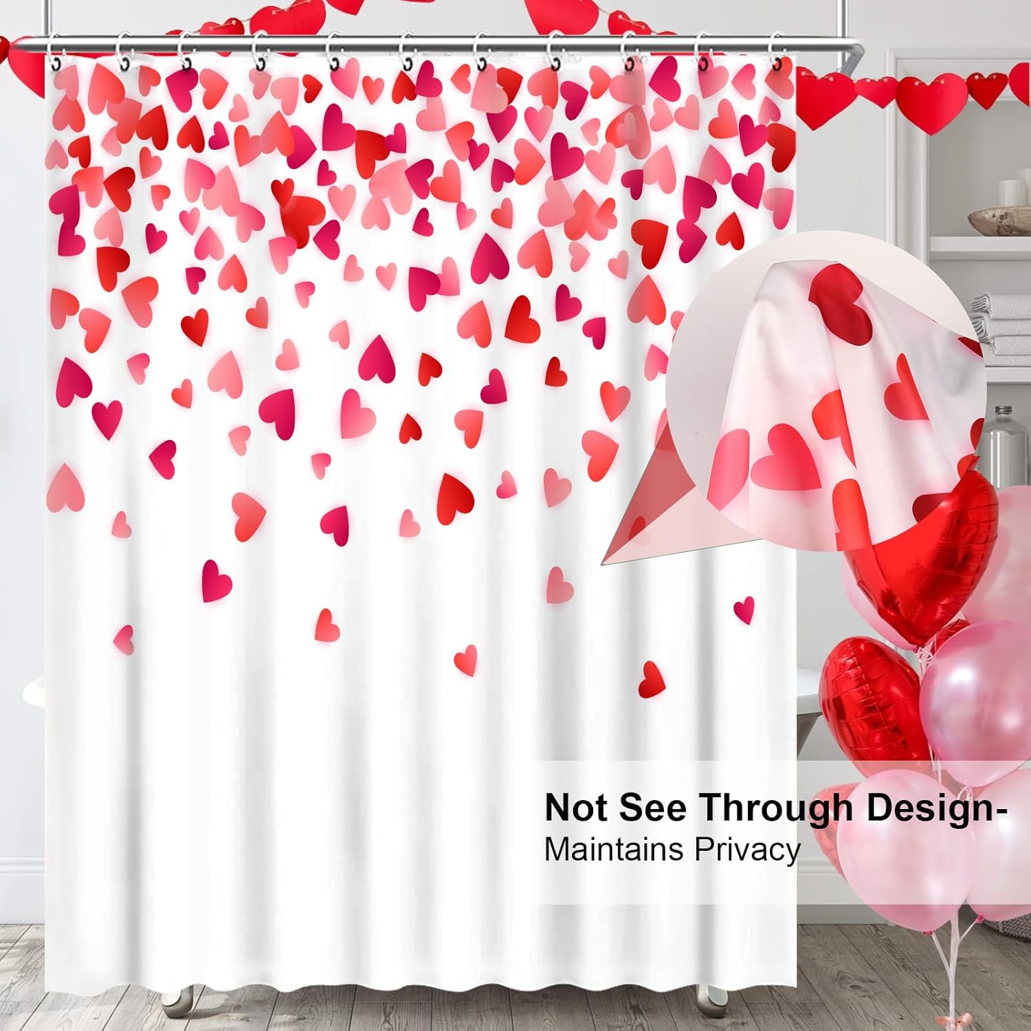 Stylish Valentines Day Shower Curtain with Falling Red Hearts for Your Bathroom