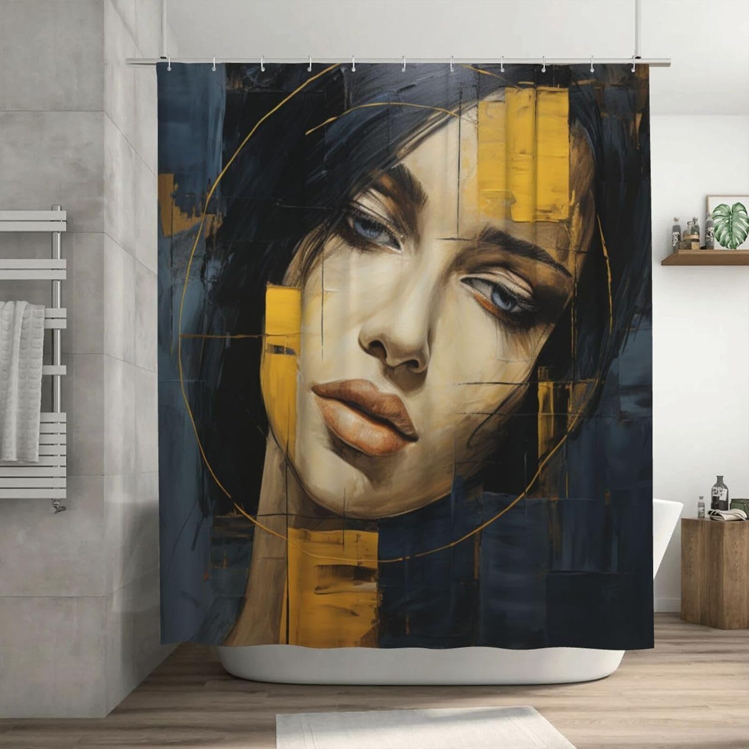 Luxury Oil Painting Face Shower Curtain Set with 12 Hooks