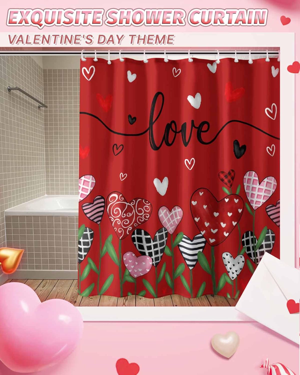 72x72 Red Flower Shower Curtain Set with 12 Hooks