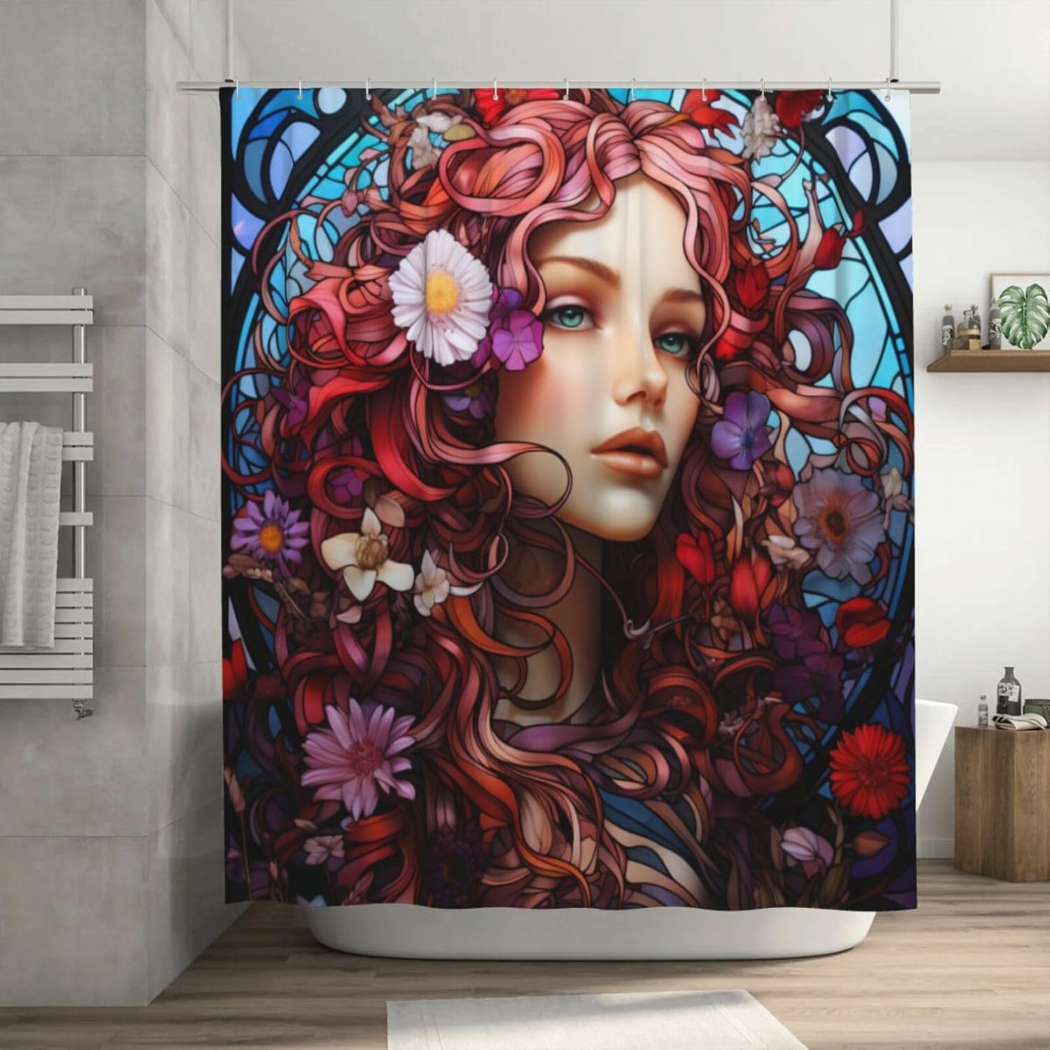 DAOWANGZUO Long Hair Girl Blue Glass Art shower curtain set