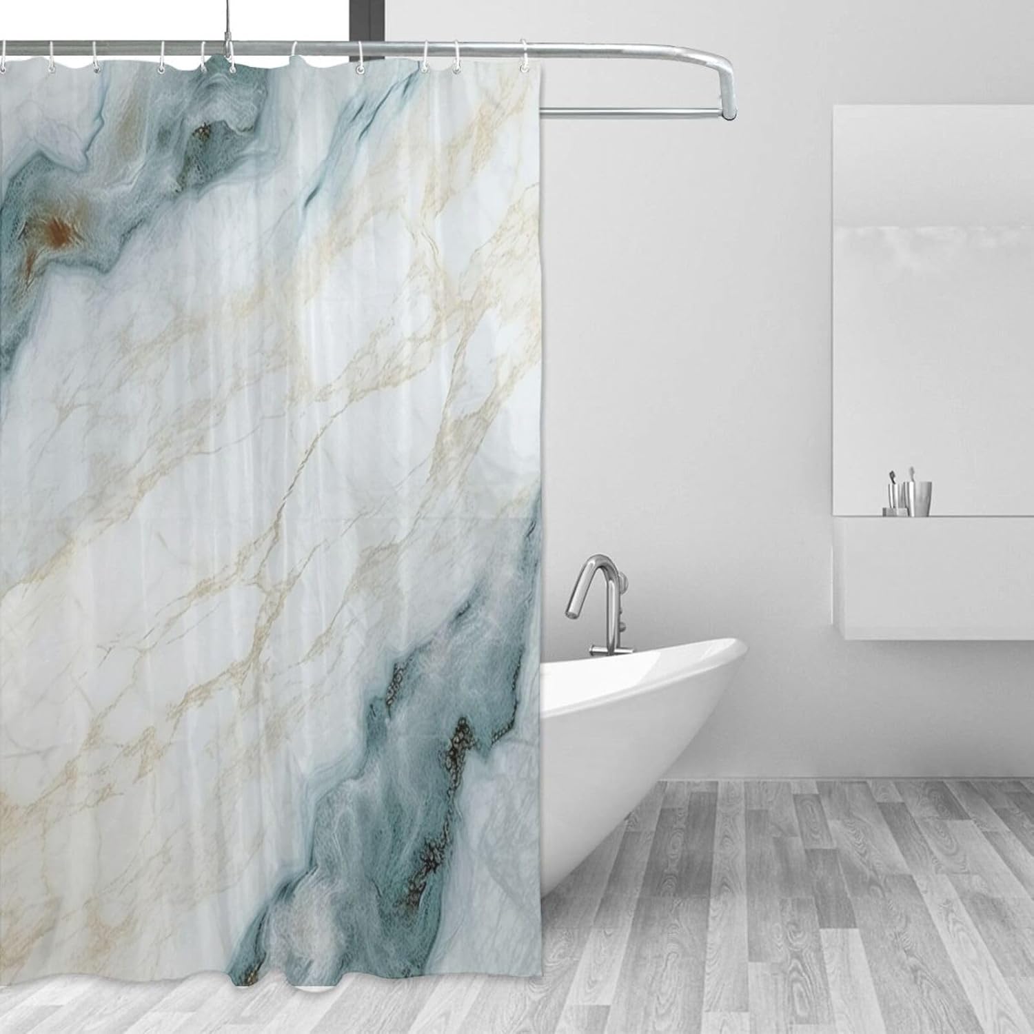 Green White Shower Curtain Boho Design Natural Marble Pattern