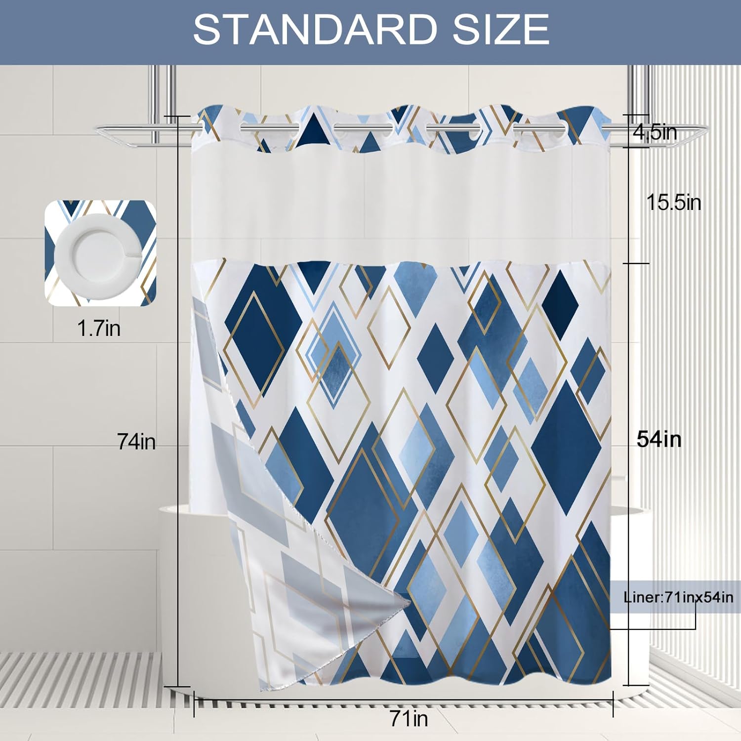 TWLSNCD No Hook Geometric Shower Curtain Set Navy Blue