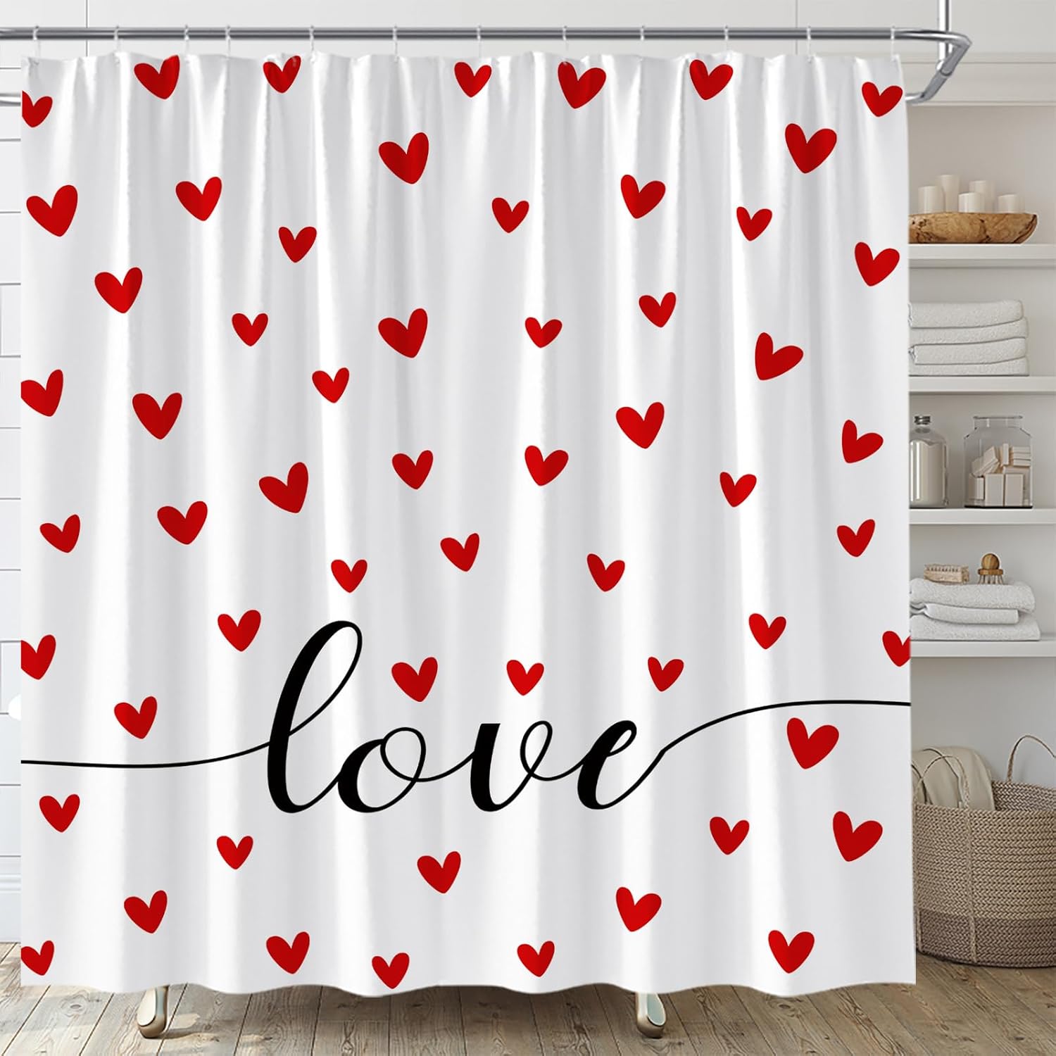 Red Heart Valentines Day Shower Curtain Set with Hooks 70 x 70