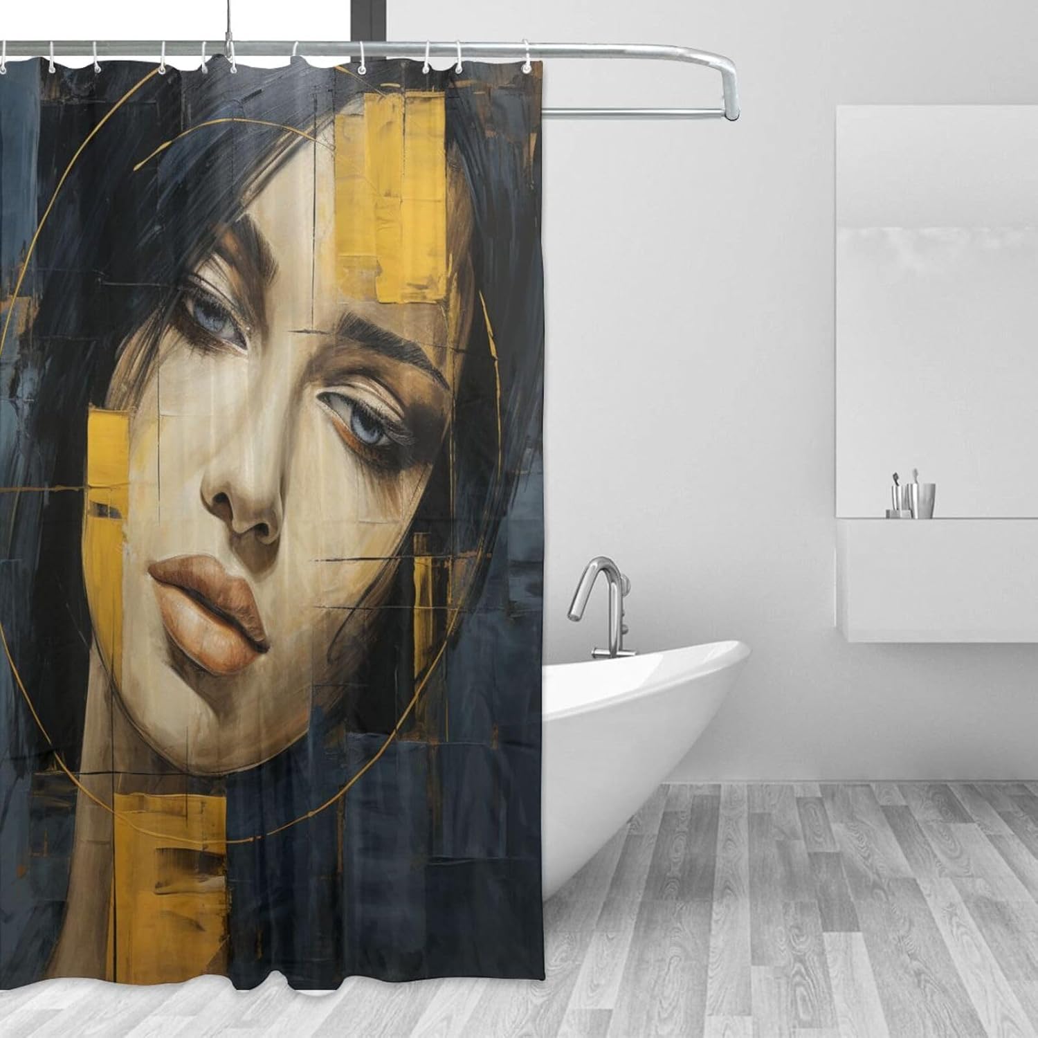 Luxury Oil Painting Face Shower Curtain Set with 12 Hooks