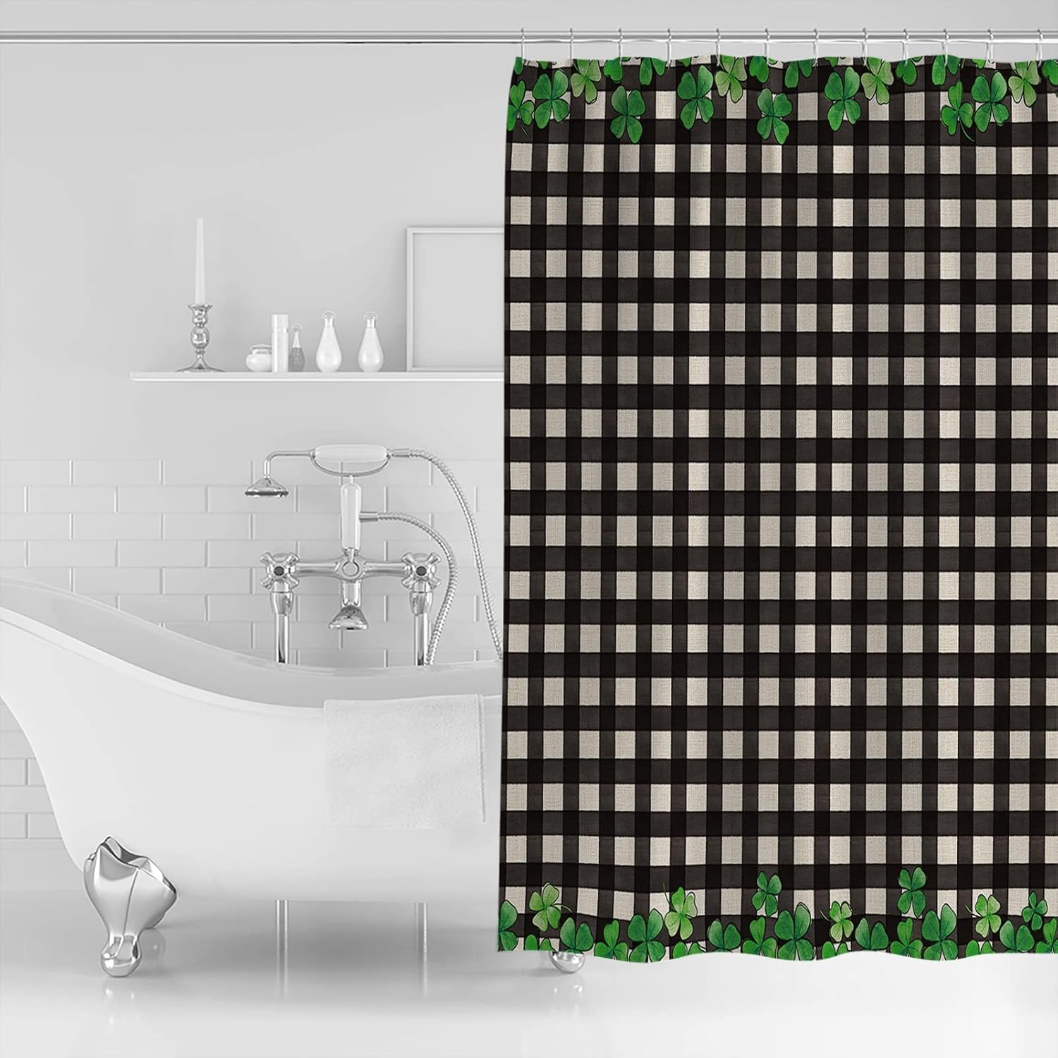 St Patricks Day 36x72 Inch Four-Leaf Clover Plaid Bath Curtain