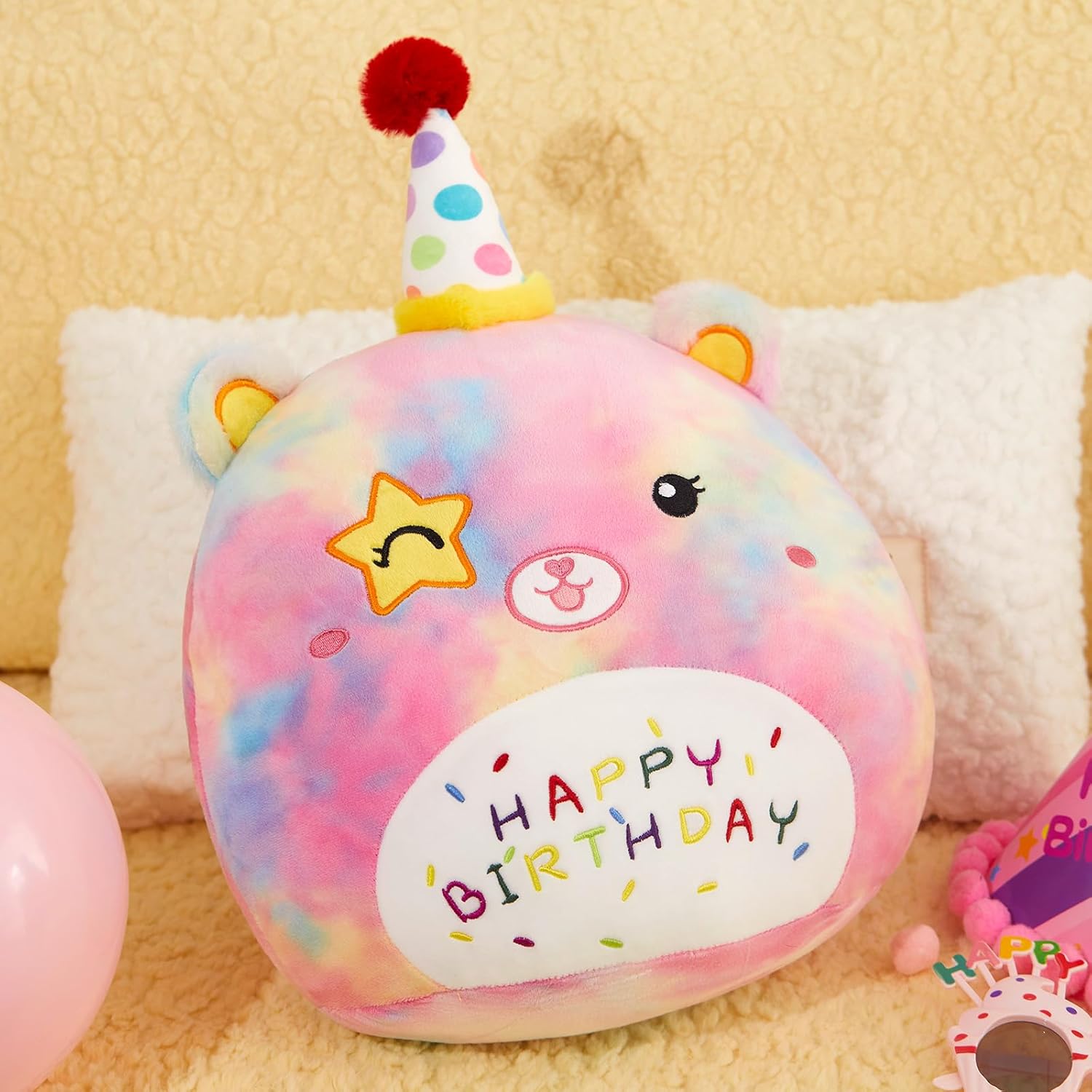 Happy Birthdays with Peace Bear Plush Pillow