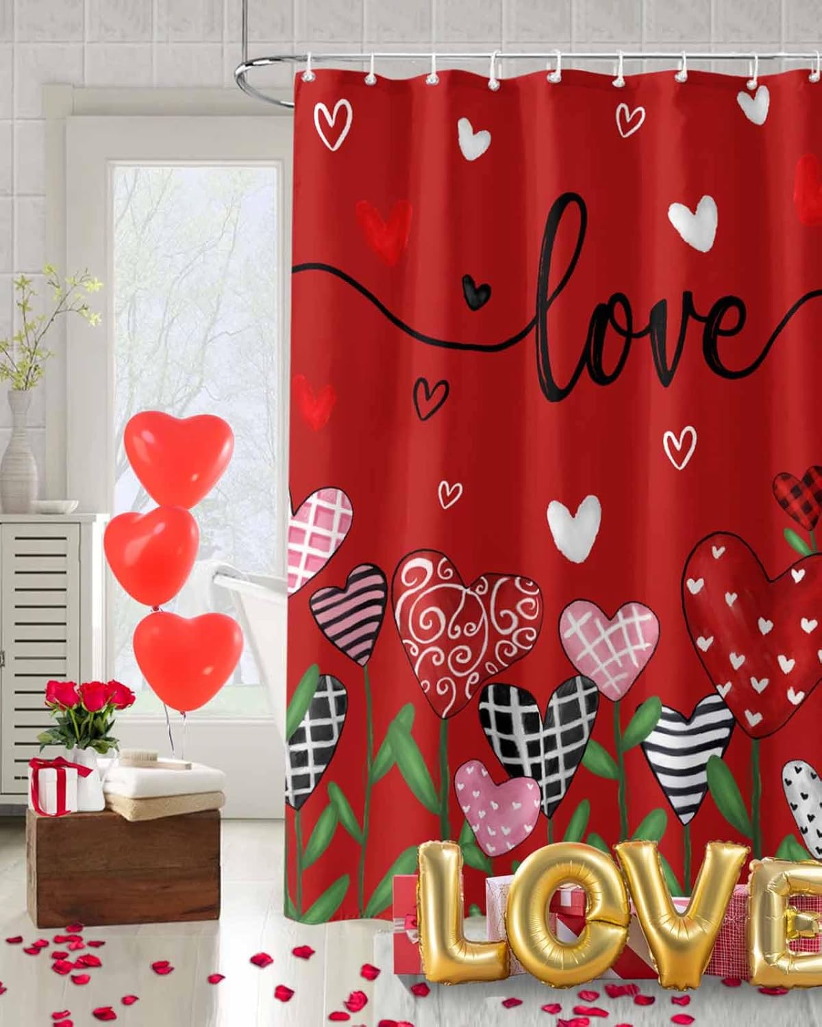72x72 Red Flower Shower Curtain Set with 12 Hooks