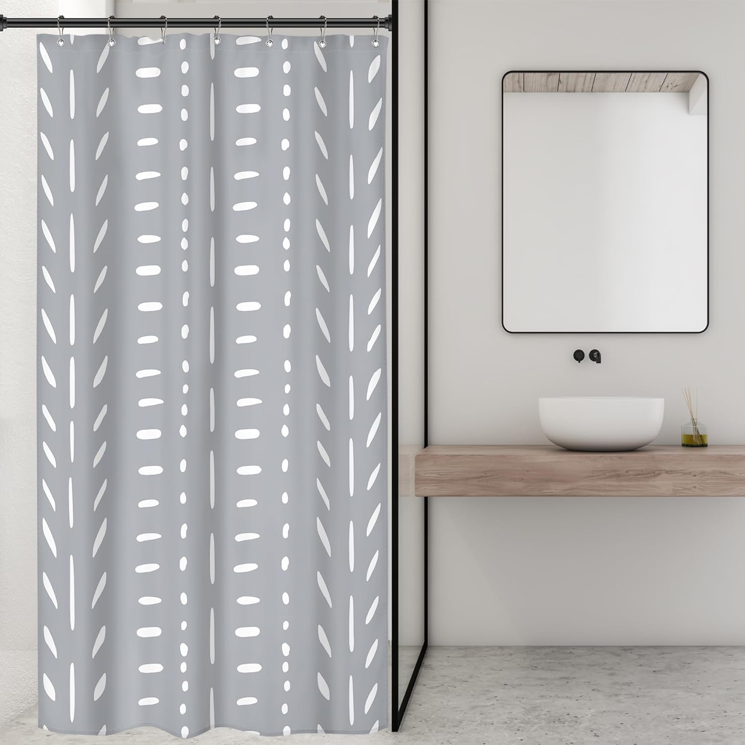 Riyidecor Small Boho Gray Shower Curtain with 7 Pack Hooks