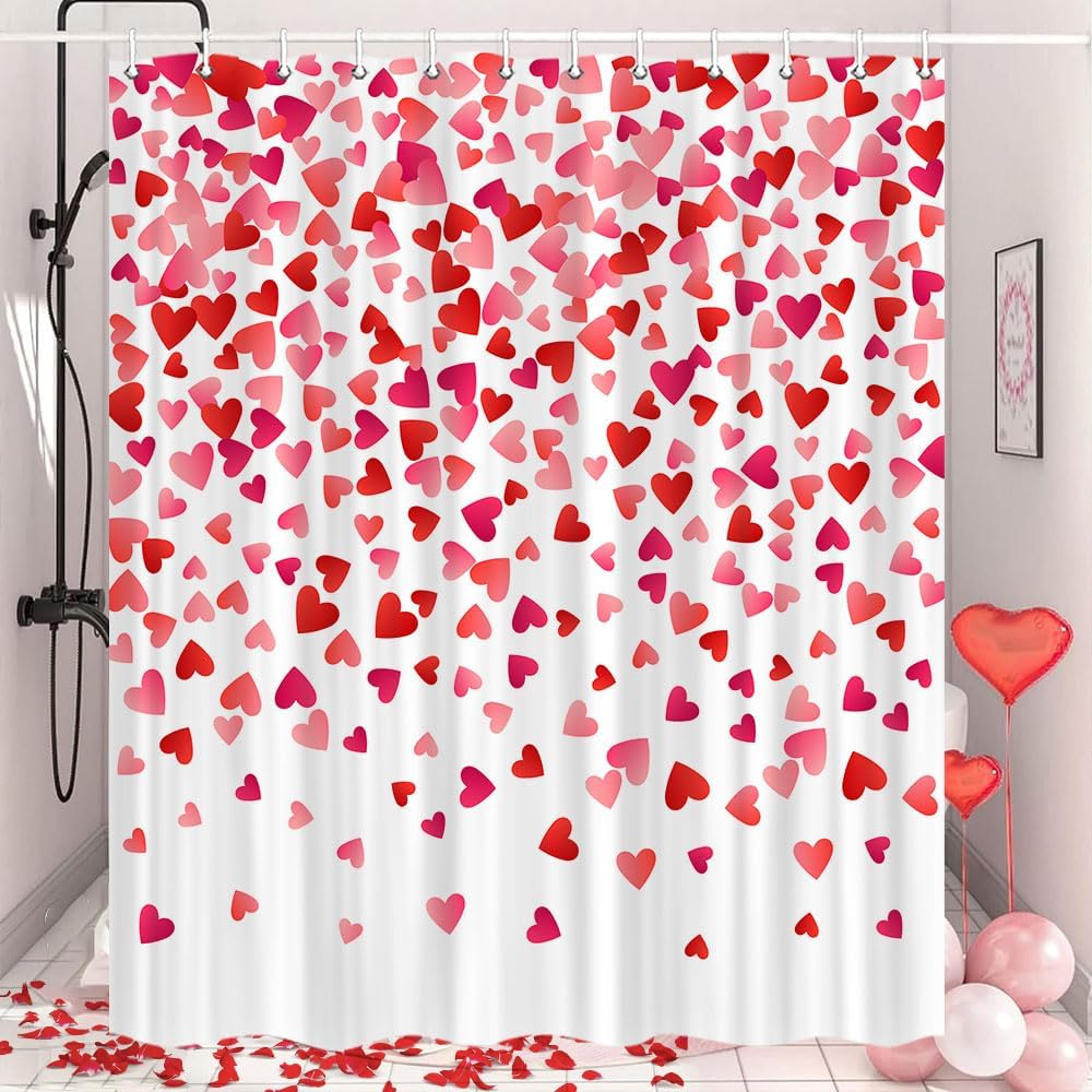 JAWO Valentines Falling Red Heart Shower Curtain Set 70x70 inch