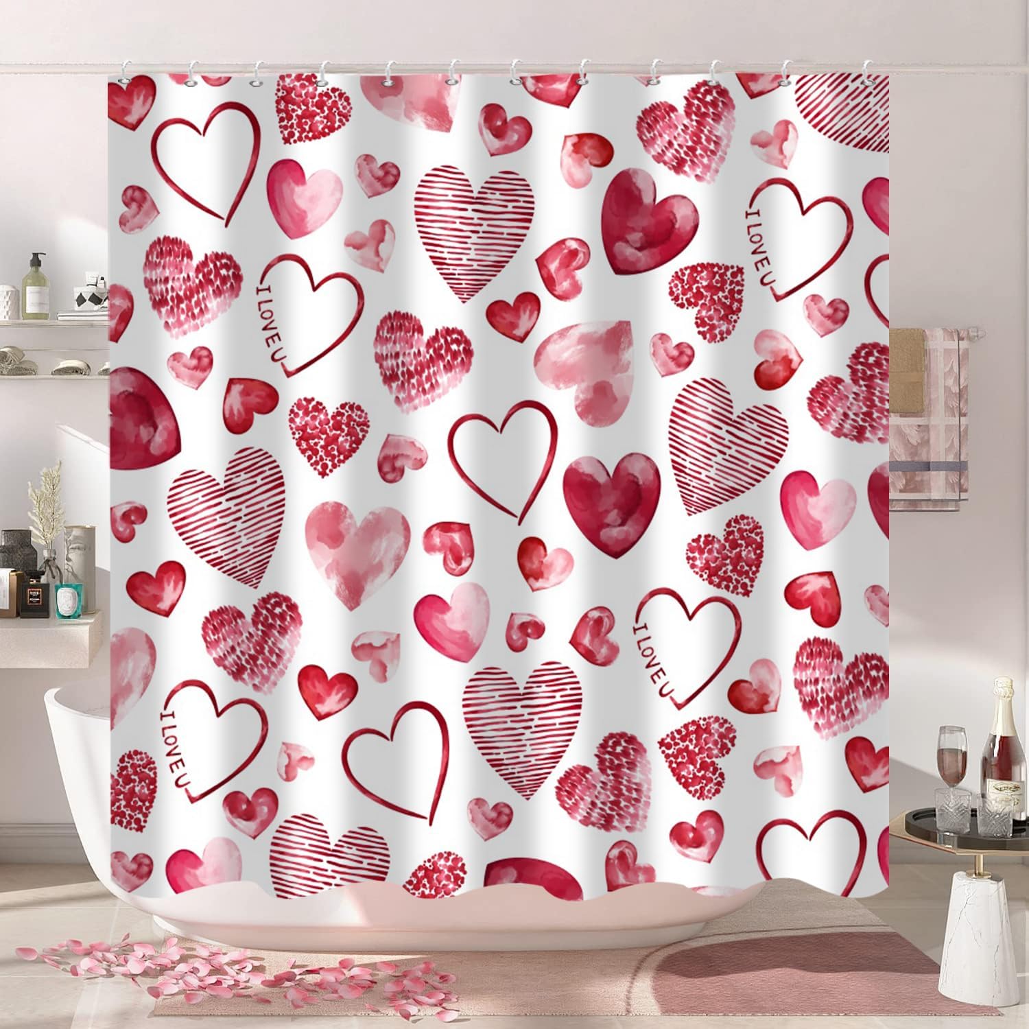 Lush Valentines Day Shower Curtain Red Pink Hearts Waterproof Durable 72x72 inches