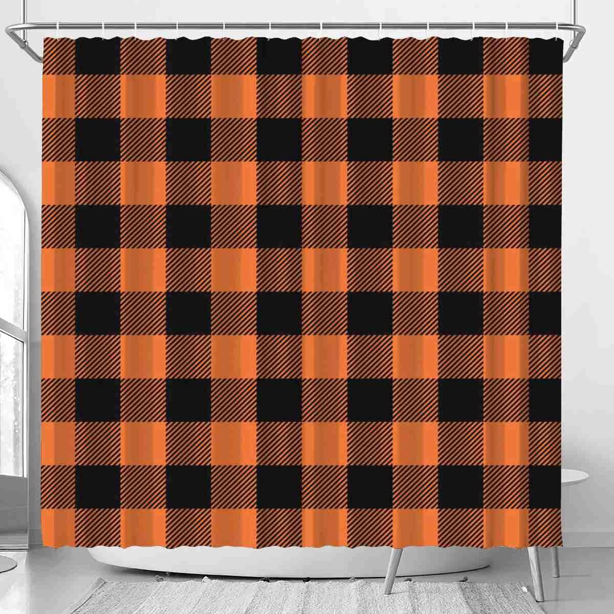 VISALUNA Shower Curtain Set 72x72in Orange Black Buffalo Plaid