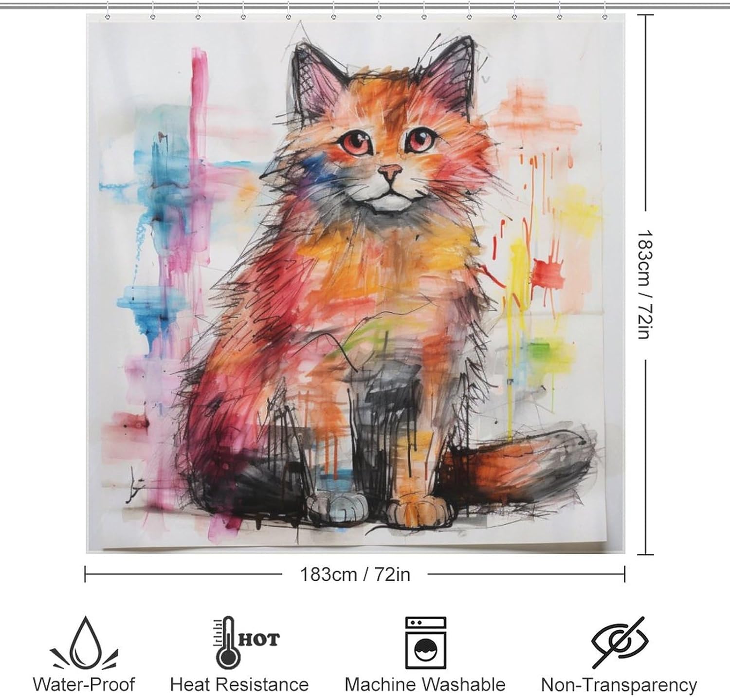 Cute Cat Shower Curtain Set with 12 Hooks 72x72in