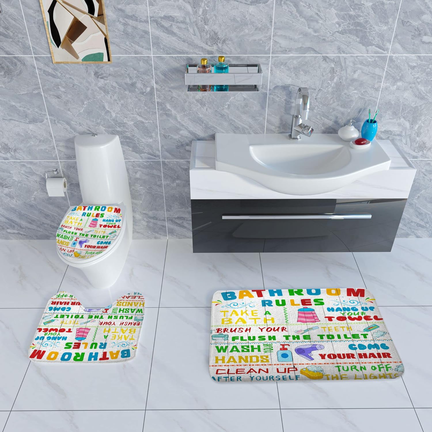 4PCS Kids Shower Curtain Set with Funny Rules and Non-Slip Mats