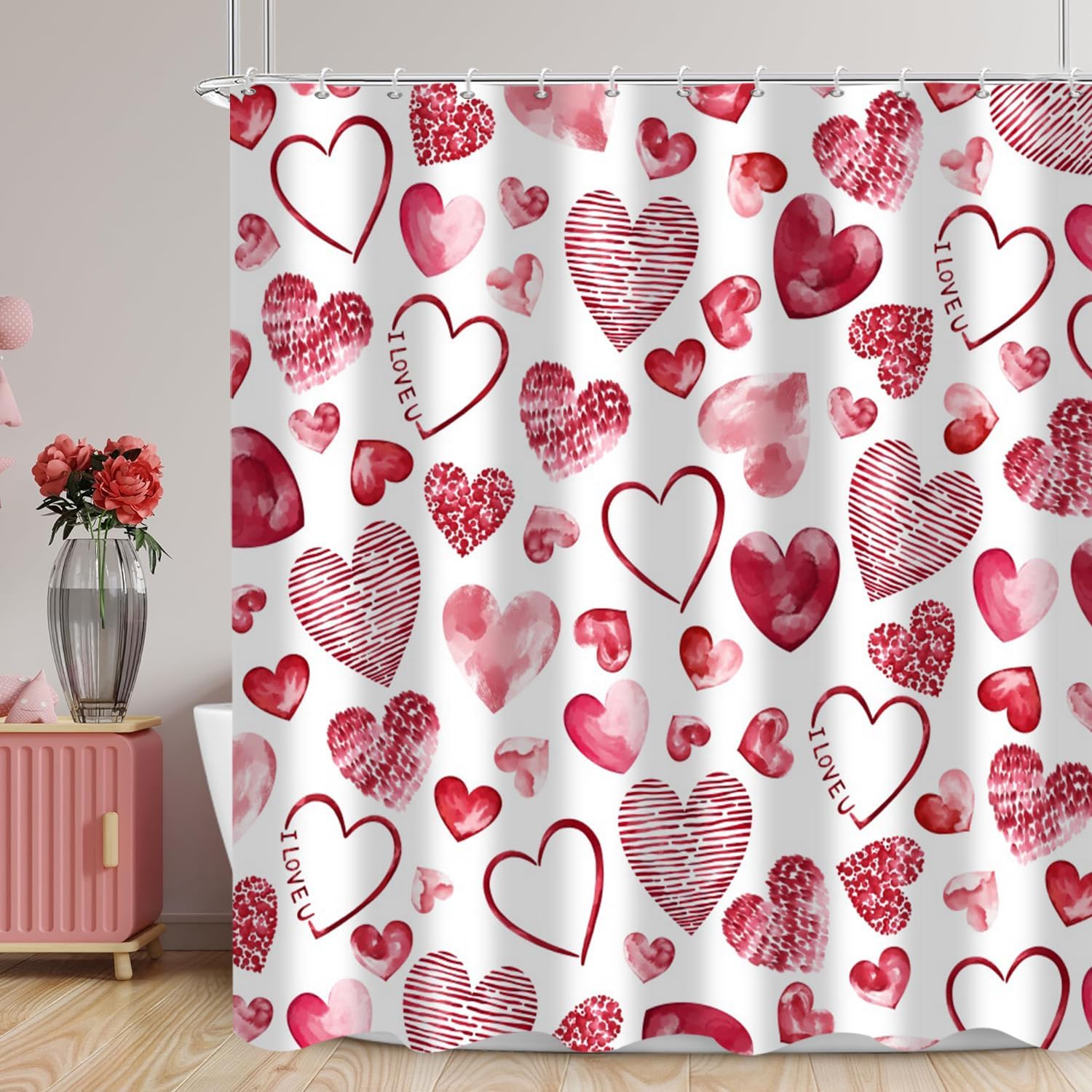 Lush Valentines Day Shower Curtain Red Pink Hearts Waterproof Durable 72x72 inches