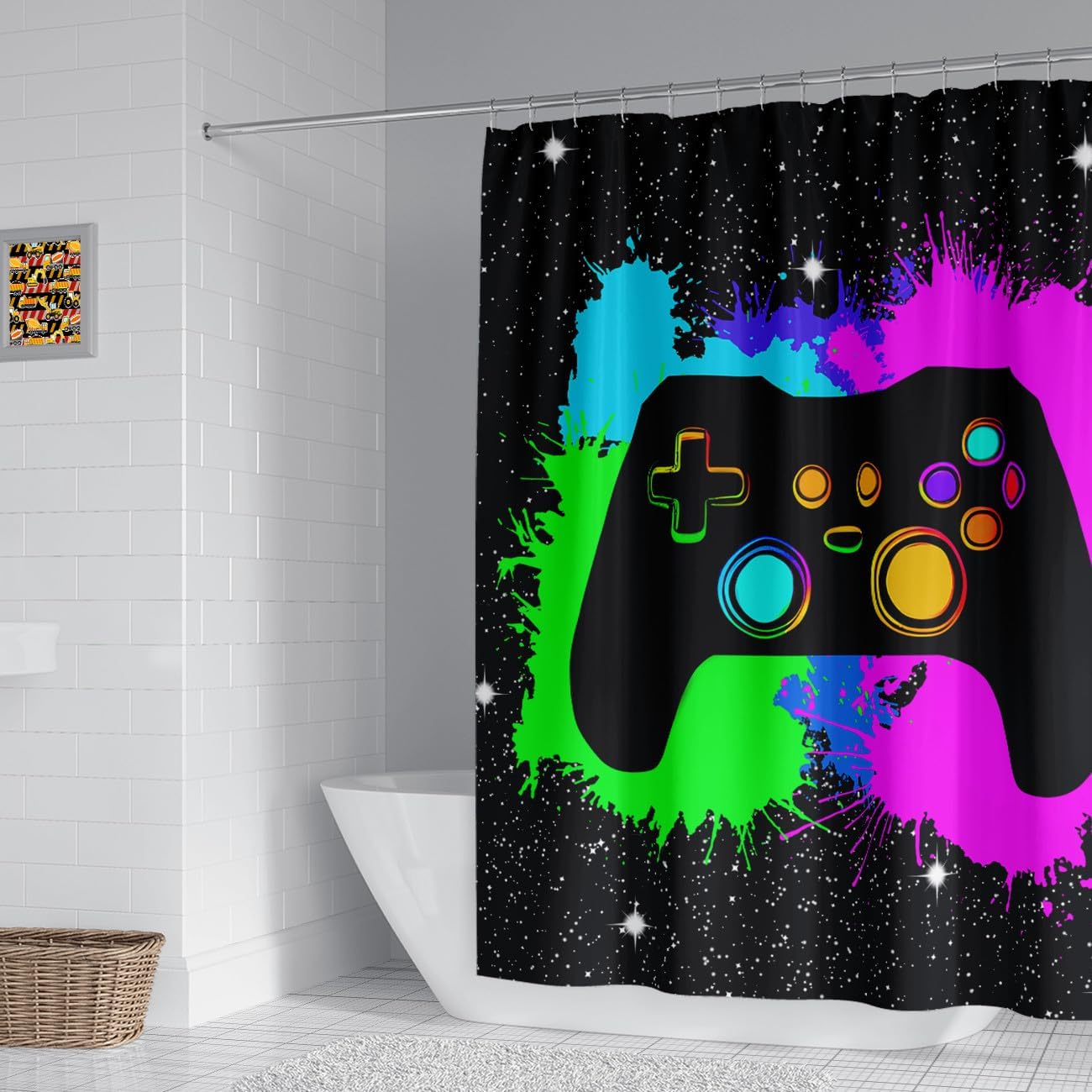 Boys Gaming Shower Curtain Set Graffiti Gamepad Themed - 12 HooksEasy Install