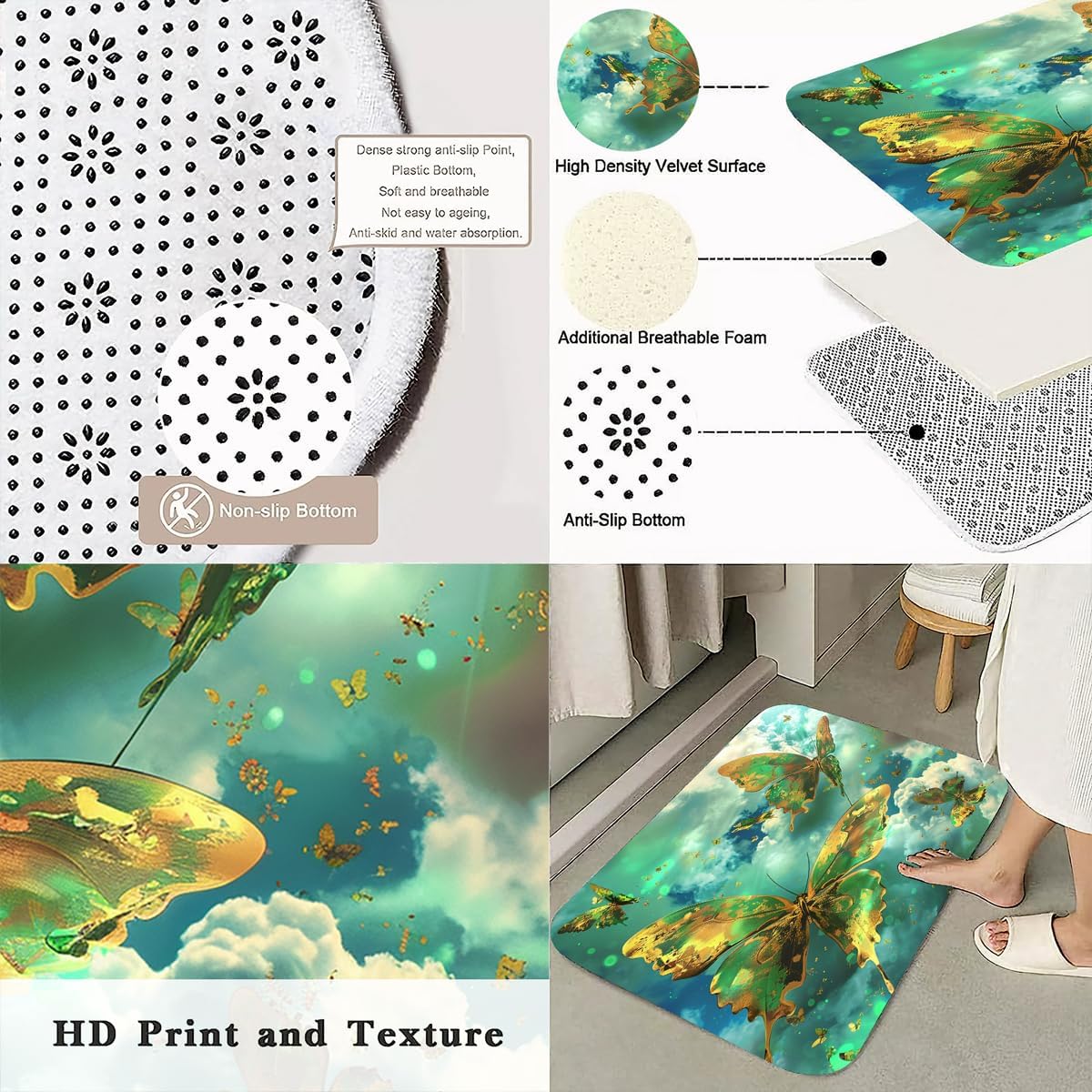 4 PCS Green Butterfly Shower Curtain Sets