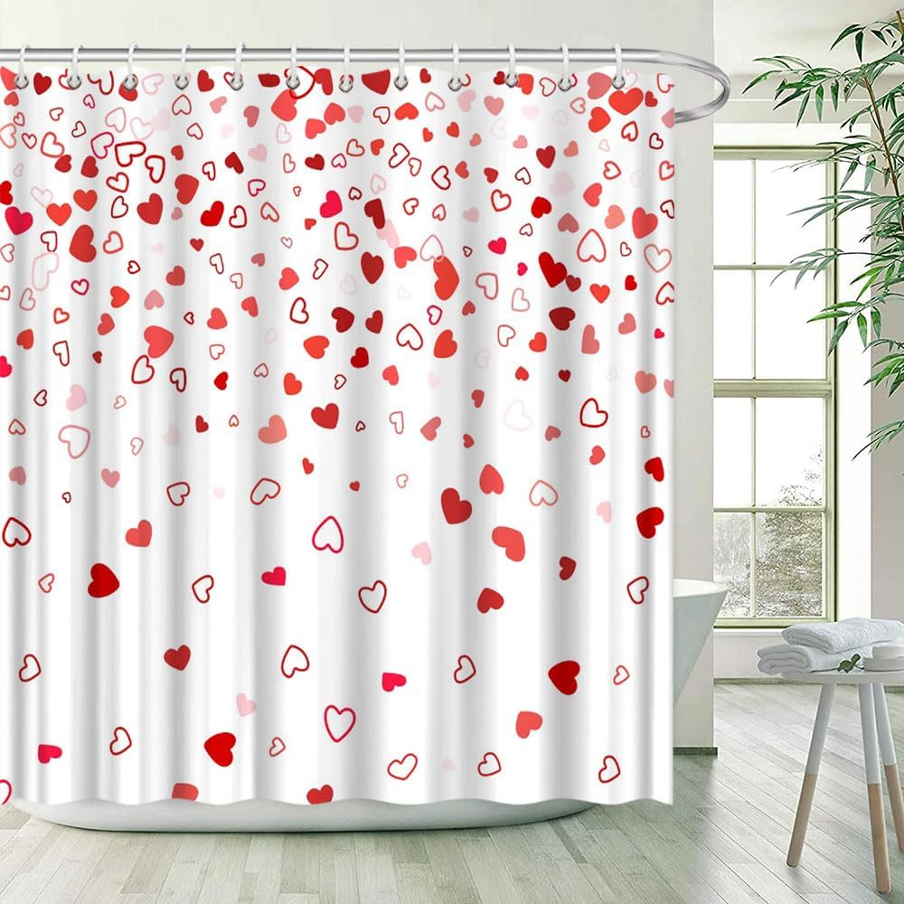 JONSEQIN Valentines Day Shower Curtain Red Heart 70x70 Inch with Hooks