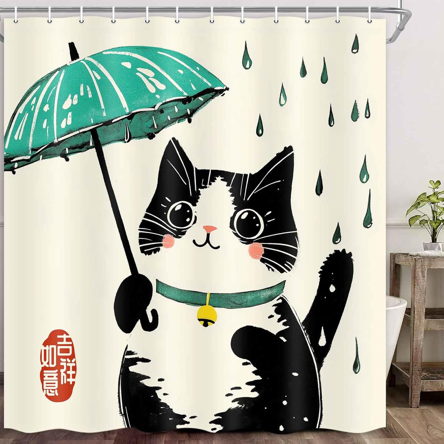 Funny Cat Shower Curtain Japanese Art for Kids Soft Durable